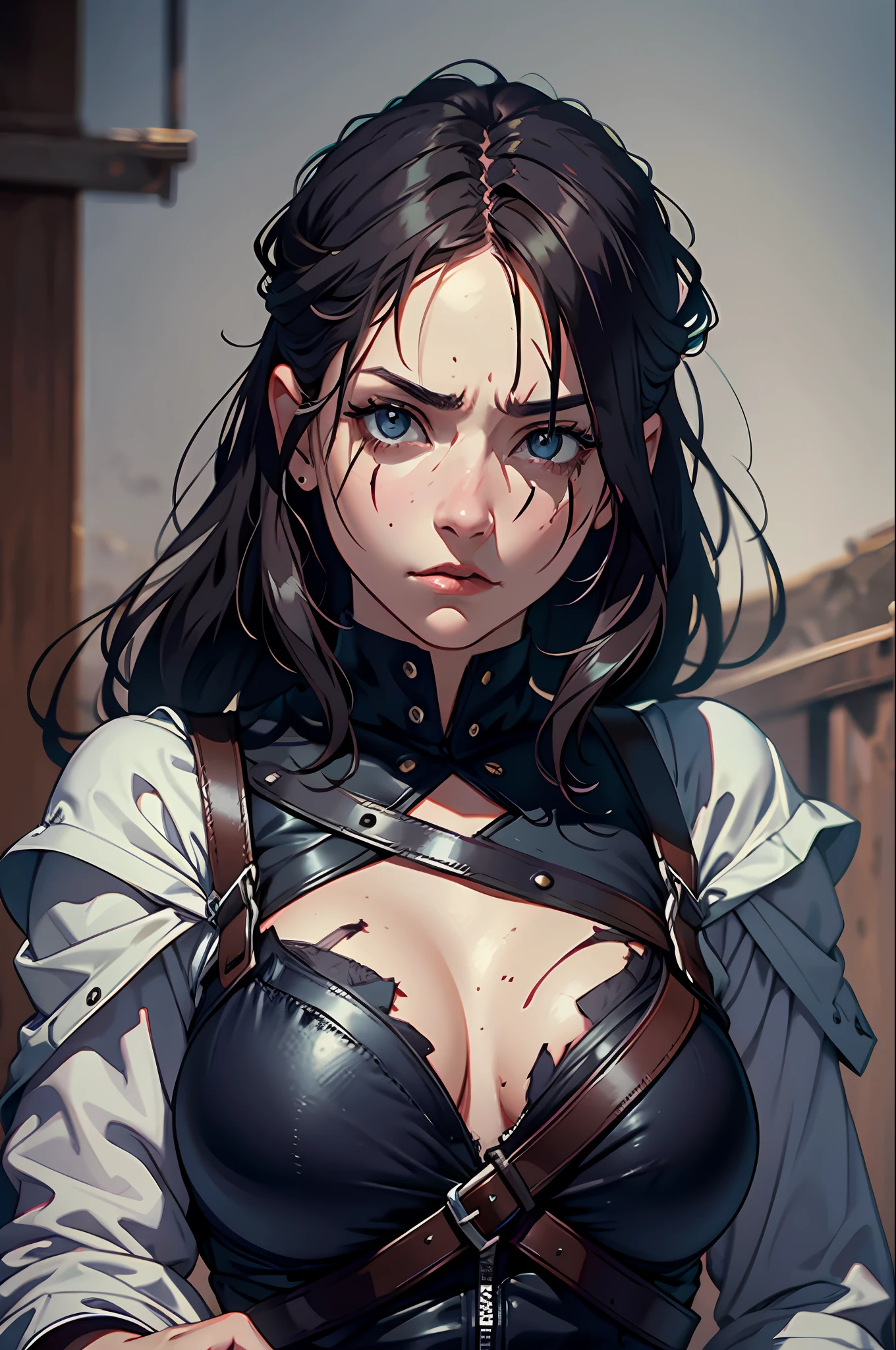 Zooming in on a young woman within the medieval setting, her presence commands attention. A prominent scar marks her face, a testament to her resilience and battles fought. Her expression is one of anger and severity, her gaze piercing and furious. The details of her scar are impressive, showcasing the intricate lines that tell a story of hardship and strength. She dons medieval attire, with leather clothes that exude a sense of ruggedness and practicality. A bow rests in her hand, a symbol of her skill and determination. The camera captures the impressive details of her scar, the intensity in her eyes, and the intricate textures of her clothing. The atmosphere surrounding her is charged with a mix of defiance and fury. Photography, using a portrait lens with a focal length of 85mm to capture the fine details