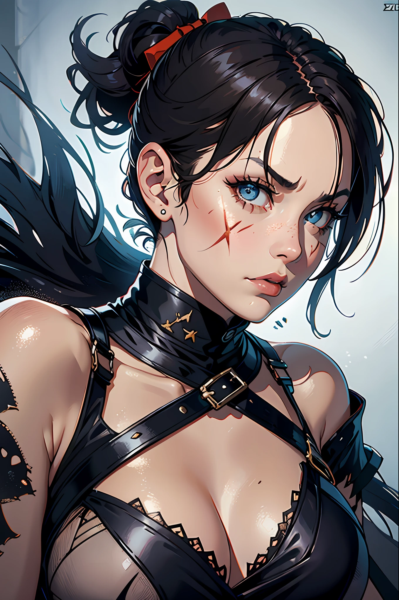 Zooming in on a young woman within the medieval setting, her presence commands attention. A prominent scar marks her face, a testament to her resilience and battles fought. Her expression is one of anger and severity, her gaze piercing and furious. The details of her scar are impressive, showcasing the intricate lines that tell a story of hardship and strength. She dons medieval attire, with leather clothes that exude a sense of ruggedness and practicality. A bow rests in her hand, a symbol of her skill and determination. The camera captures the impressive details of her scar, the intensity in her eyes, and the intricate textures of her clothing. The atmosphere surrounding her is charged with a mix of defiance and fury. Photography, using a portrait lens with a focal length of 85mm to capture the fine details