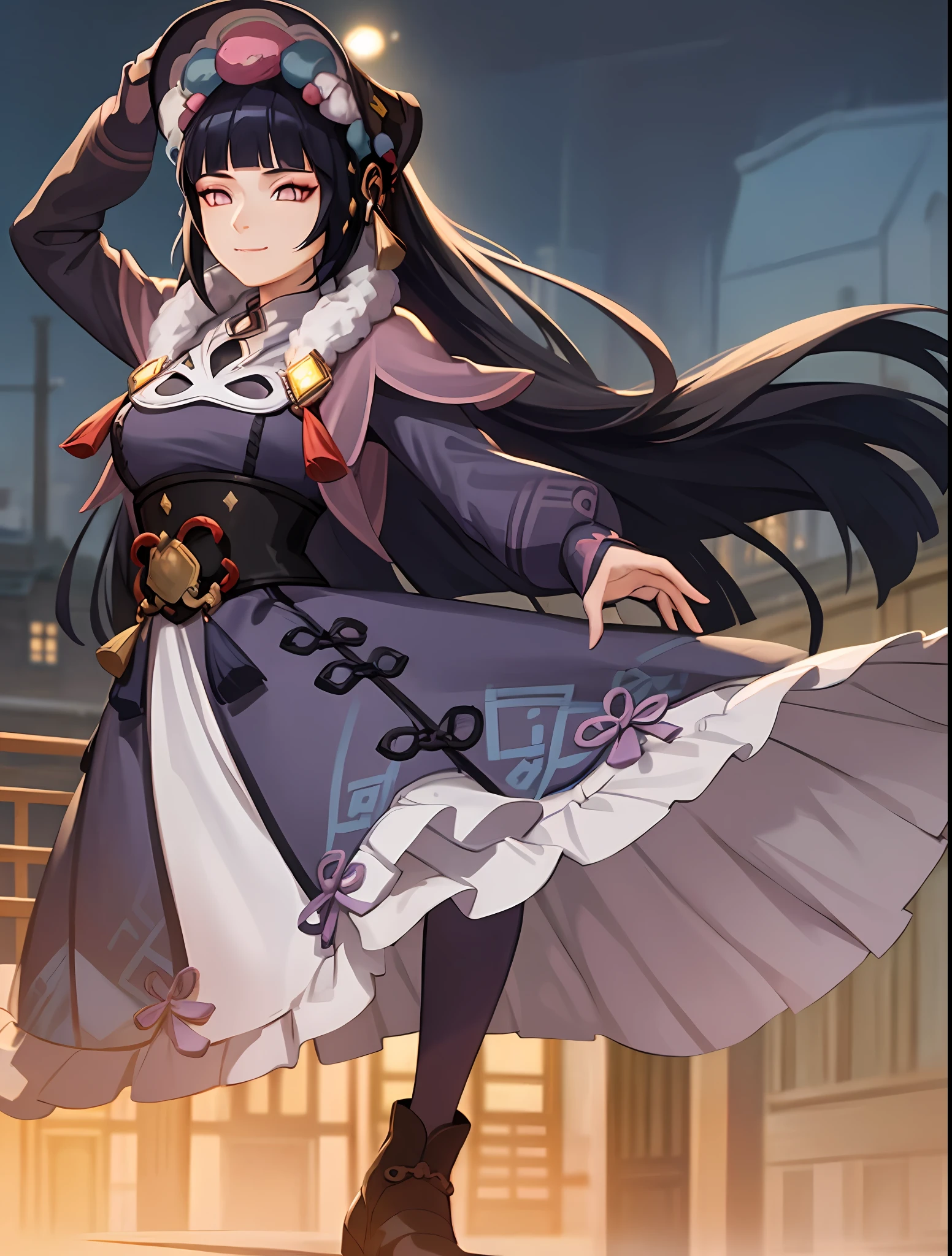 ((masterpiece:1.2)), best quality, (pretty face), dramatic lighting,1girl, solo, blunt bangs, hime cut, black corset, dark blue hair, collar, mascara, long hair, sidelocks, floating hair, looking at viewer, (makeup), pink capelet, qi ta, purple eyes, puffy long sleeves, bonnet, purple dress, (large breasts), (under bust), light smile, skirt, (purple pantyhose), (wind blowing skirt), anime screencap, (night sky), east asian architecture, Liyue, tassel, black footwear, (half closed eyes), genshin impact, boots, (full body view), (purple eyes:1.3), hyuuga hinata as liyue