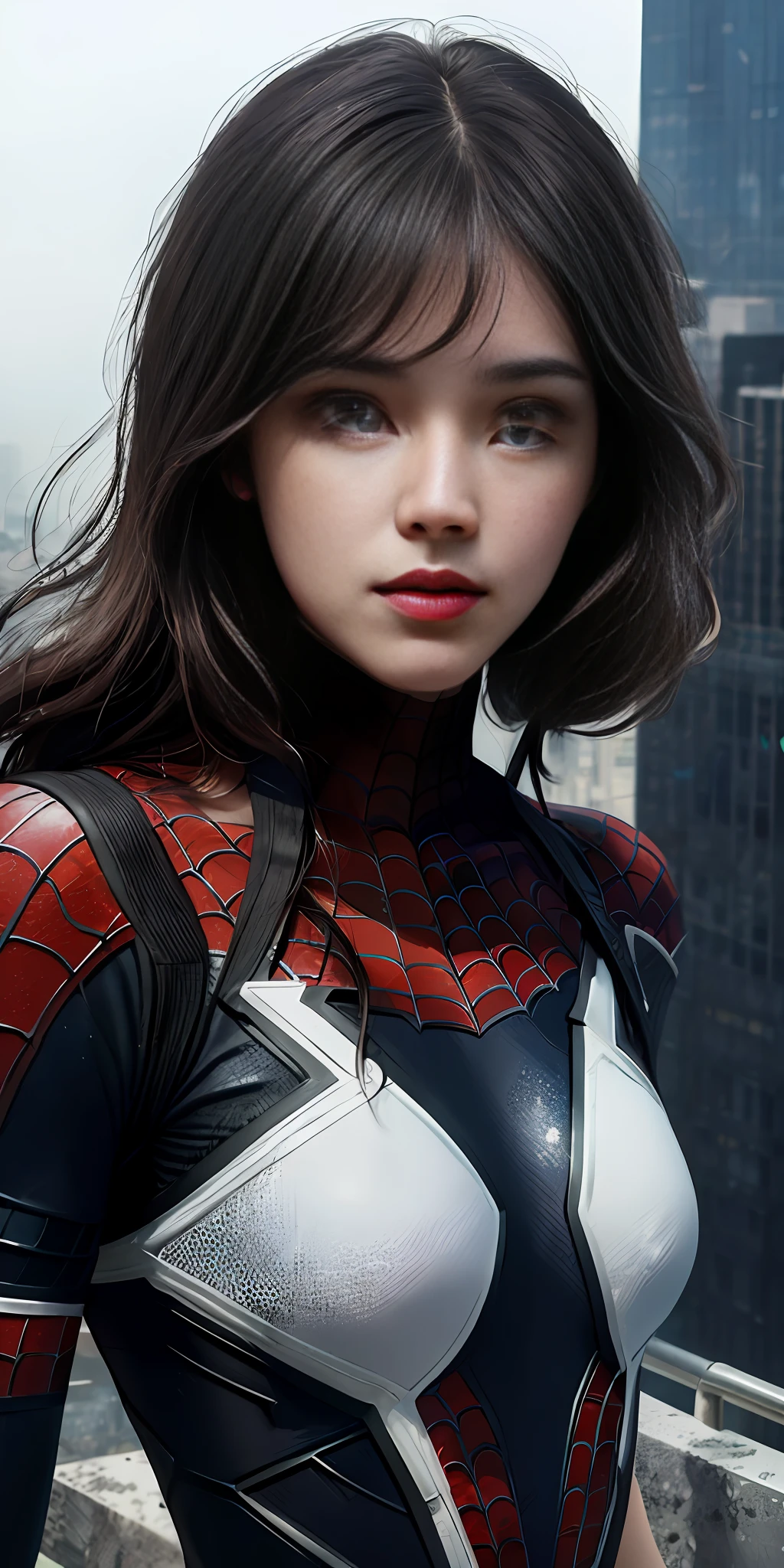 (1girl:1.3), Solo, (((Very detailed face)))), ((Very detailed eyes and face)))), Beautiful detail eyes, Body parts__, Official art, Unified 8k wallpaper, Super detailed, beautiful and beautiful, beautiful, masterpiece, best quality, original, masterpiece, super fine photo, best quality, super high resolution, realistic realism, sunlight, full body portrait, amazing beauty, dynamic pose, delicate face, vibrant eyes, (from the front), She wears Spider-Man suit, red and black color scheme, spider, very detailed city roof background, rooftop, overlooking the city, detailed face, detailed complex busy background, messy, gorgeous, milky white, highly detailed skin, realistic skin details, visible pores, clear focus, volumetric fog, 8k uhd, DSLR, high quality, film grain, fair skin, photo realism, lomography, futuristic dystopian megalopolis, translucent