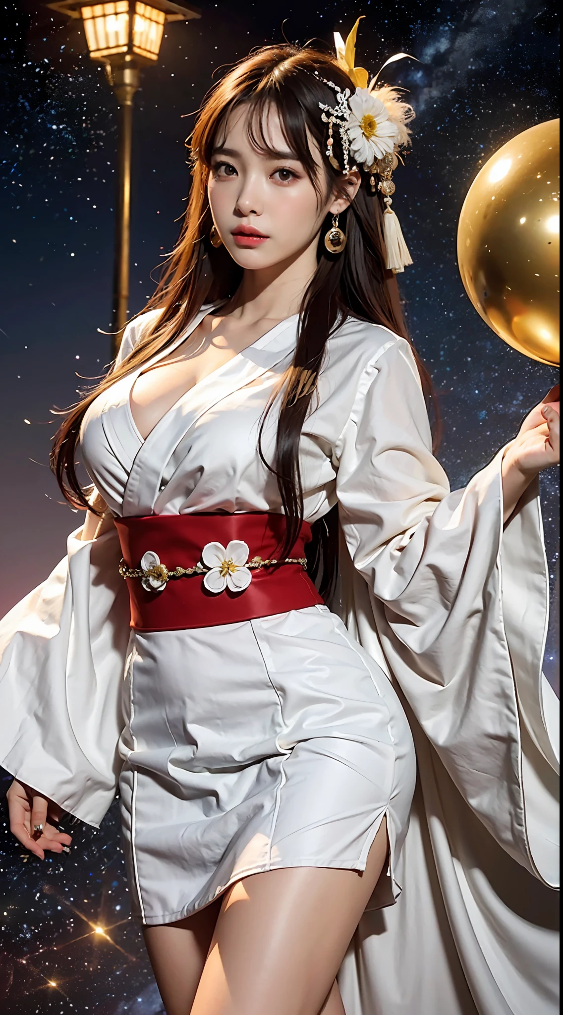Masterpiece, 1 beautiful girl, detailed eyes, swollen eyes, top quality, super high res, (Reality: 1.4), cinematic lighting, Japanese, Asian beauty, Korean, very beautiful, beautiful skin, slender, body facing forward, (super realistic), (high res), (8K), (very detailed), ( best illustration), (beautifully detailed eyes), (super detailed), (wallpaper), detailed face, bright lighting, professional lighting, looking at viewer, facing straight ahead, Japanese princess, long hair, pureerosfaceace_v1, Orihime in Japanese Tanabata festival, Milky Way, countless stars floating in twinkling sky, night Japanese, galaxy, kimono, kimono, red, white, full body shot, feather hair ornament, accessories, dynamic, flying, fantasy,