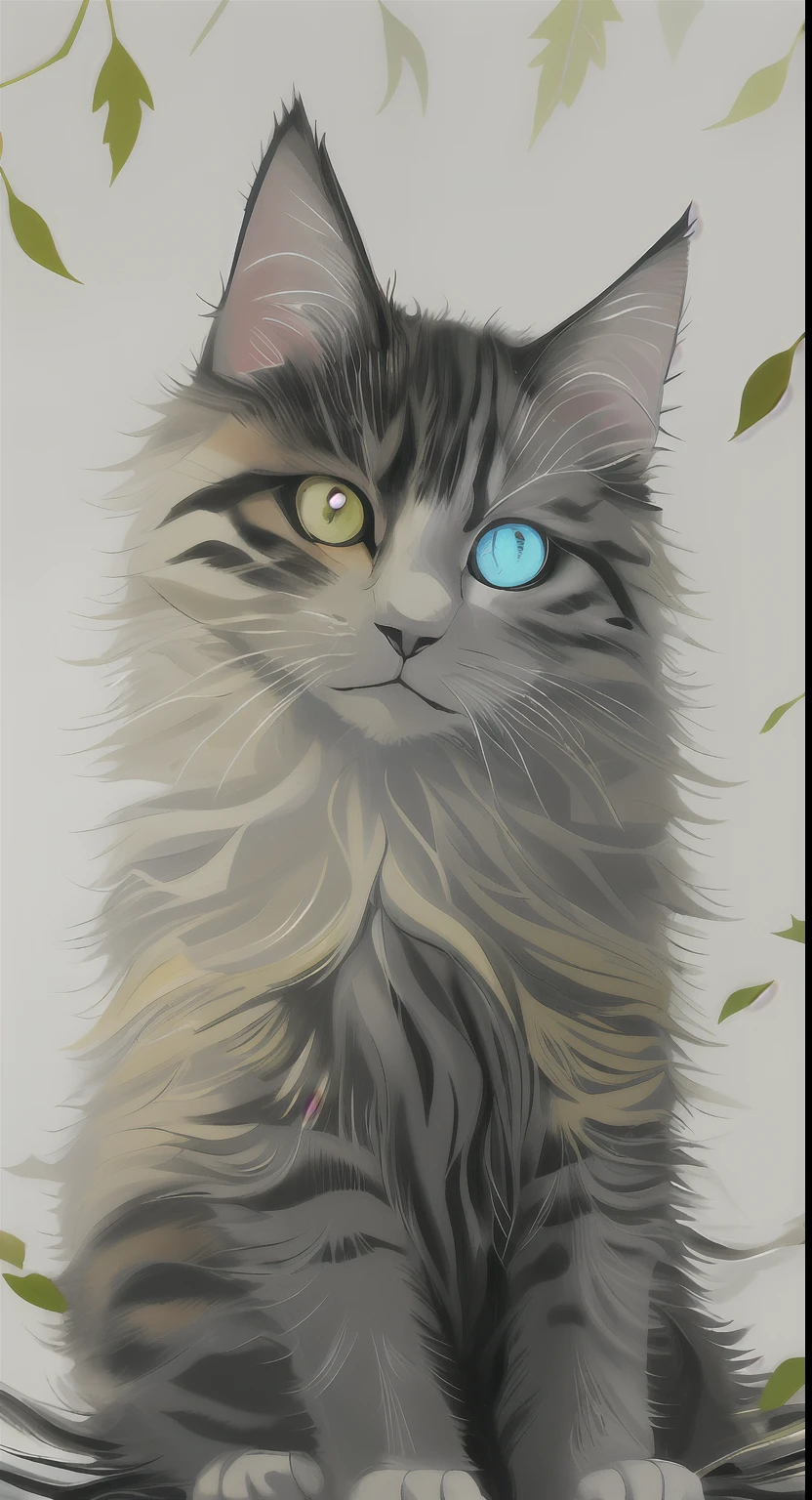 There is a cat sitting in leaves, anime cat, warrior cat fan art, realistic anime cat, cute detailed digital art, anime art wallpaper 4K, anime art wallpaper 4K, beautiful digital artwork, cute digital painting, 4K detailed digital art, 4K highly detailed digital art, very, very beautiful furry art, cute cat anime vision, picture color color rich some.