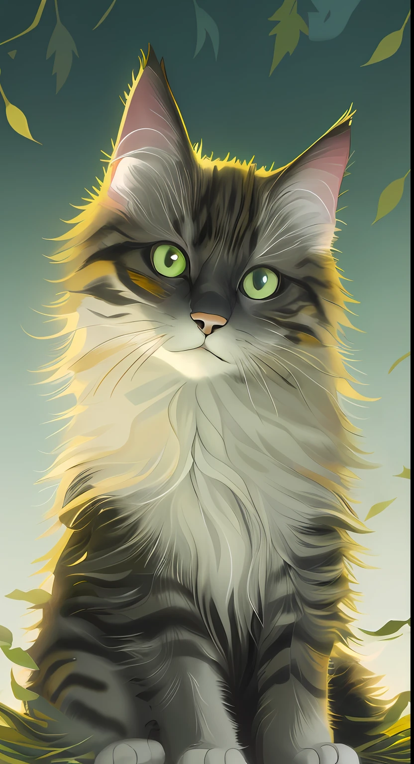 There is a cat sitting in leaves, anime cat, warrior cat fan art, realistic anime cat, cute detailed digital art, anime art wallpaper 4K, anime art wallpaper 4K, beautiful digital artwork, cute digital painting, 4K detailed digital art, 4K highly detailed digital art, very, very beautiful furry art, cute cat anime vision, picture color color rich some.
