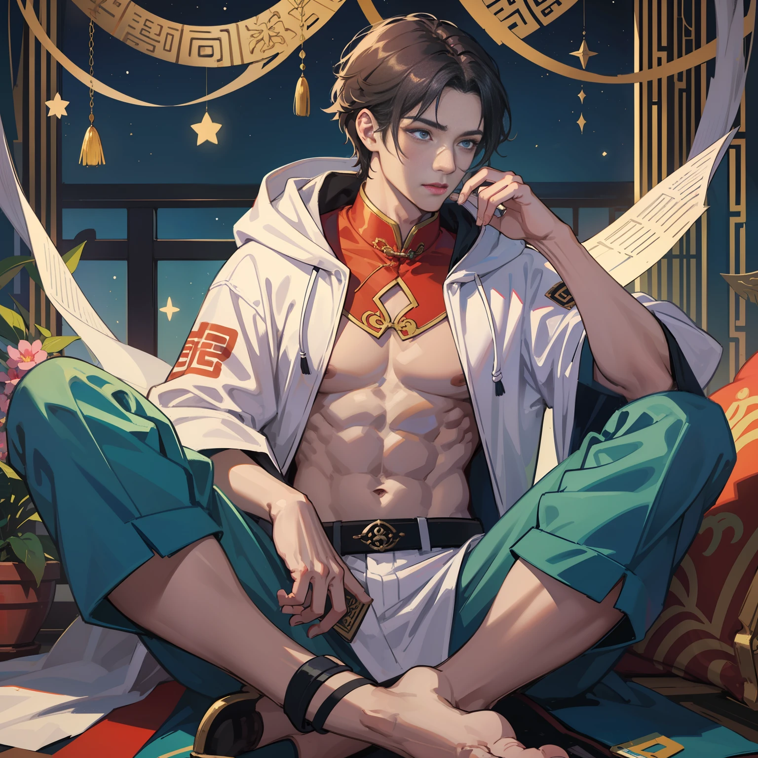 muscular boy, masculine face, wild, masculine, valiant, handsome, rugged, hoodie, modern chinese traditional costume, fusion of ancient Chinese and modern, king of rappers, pectoral muscles, abs, cool atmosphere, sitting, solid posture, fashionista, stylish, colorful, individual, luxurious, Cantonese, singing, dancing, sky with stars shining like dreams, Book of quiet nights, starry sky blooming brightly, whispering dreams and the border of confusion, Cantonese pride, lilac clothes