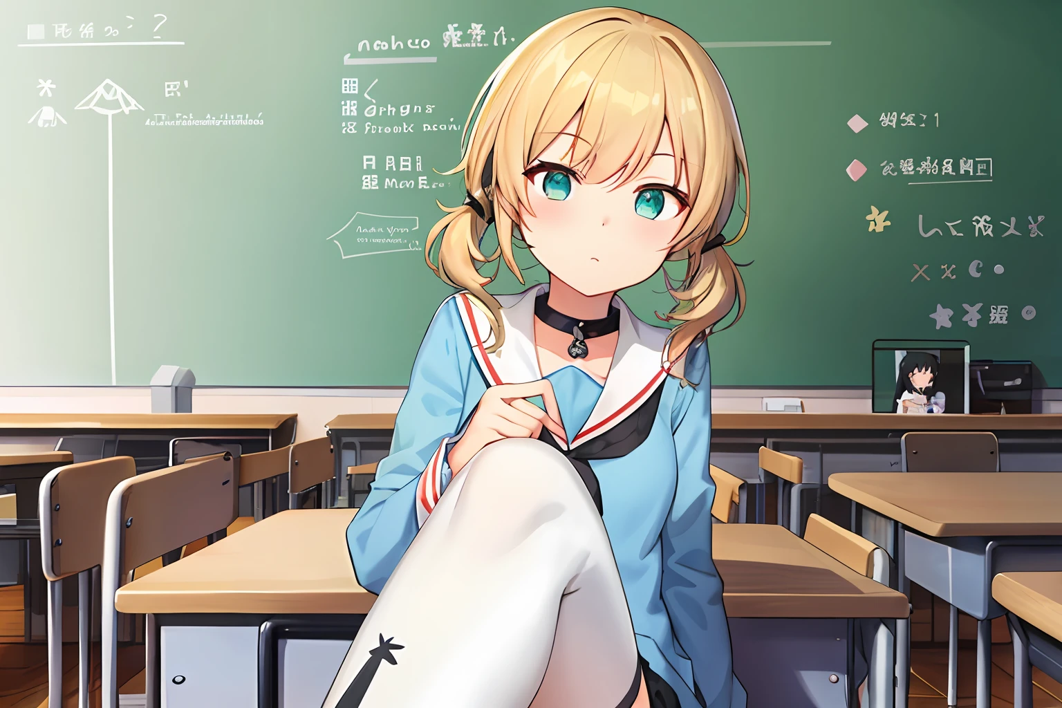 anime - style image of a girl sitting in a classroom with a blackboard, anime moe artstyle, girls frontline style, nyaruko-san, from girls frontline, anime visual of a cute girl, a hyperrealistic schoolgirl, fine details. girls frontline, splash art anime loli, ??????????? loli, kantai collection style, shikamimi