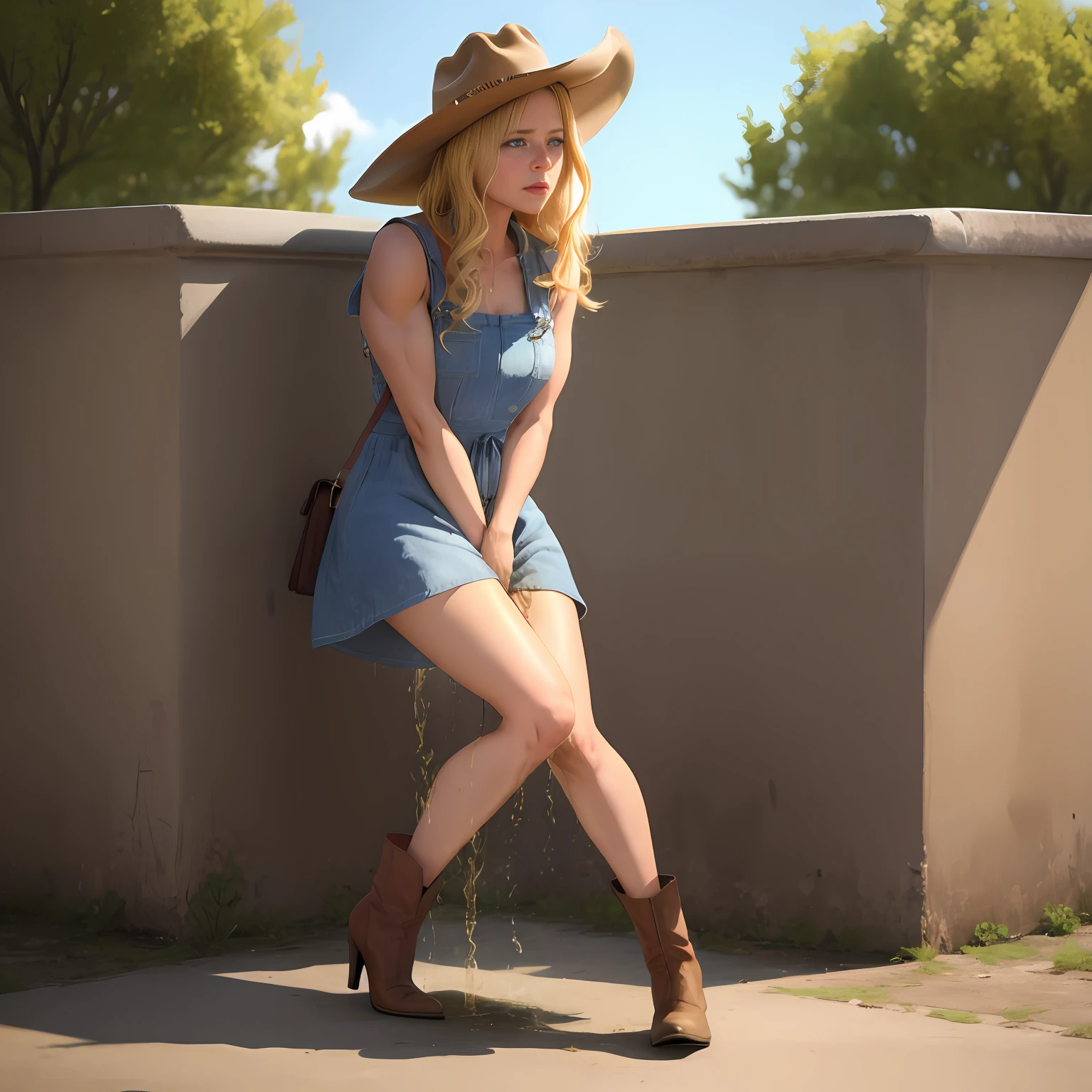tanned blonde, girl, muscular legs, muscular calves, Strong legs, muscular hips, wide hips, Curvy hips, high-heeled cowboy boots, high heels, short summer dress, cowboy hat, Really wants to pee, gets out of the car, pees soon, wants to pee, desperately wants to pee, wants to urinate, cross-legged, Knees together, Clenched knees, Clenched hips, holding on to the crotch, An expression of shame on his face, embarrassed, shocked, ashamed, crying, biting his lower lip, full bladder, terribly wanting to go to the toilet, anatomically correct, realistic, side view