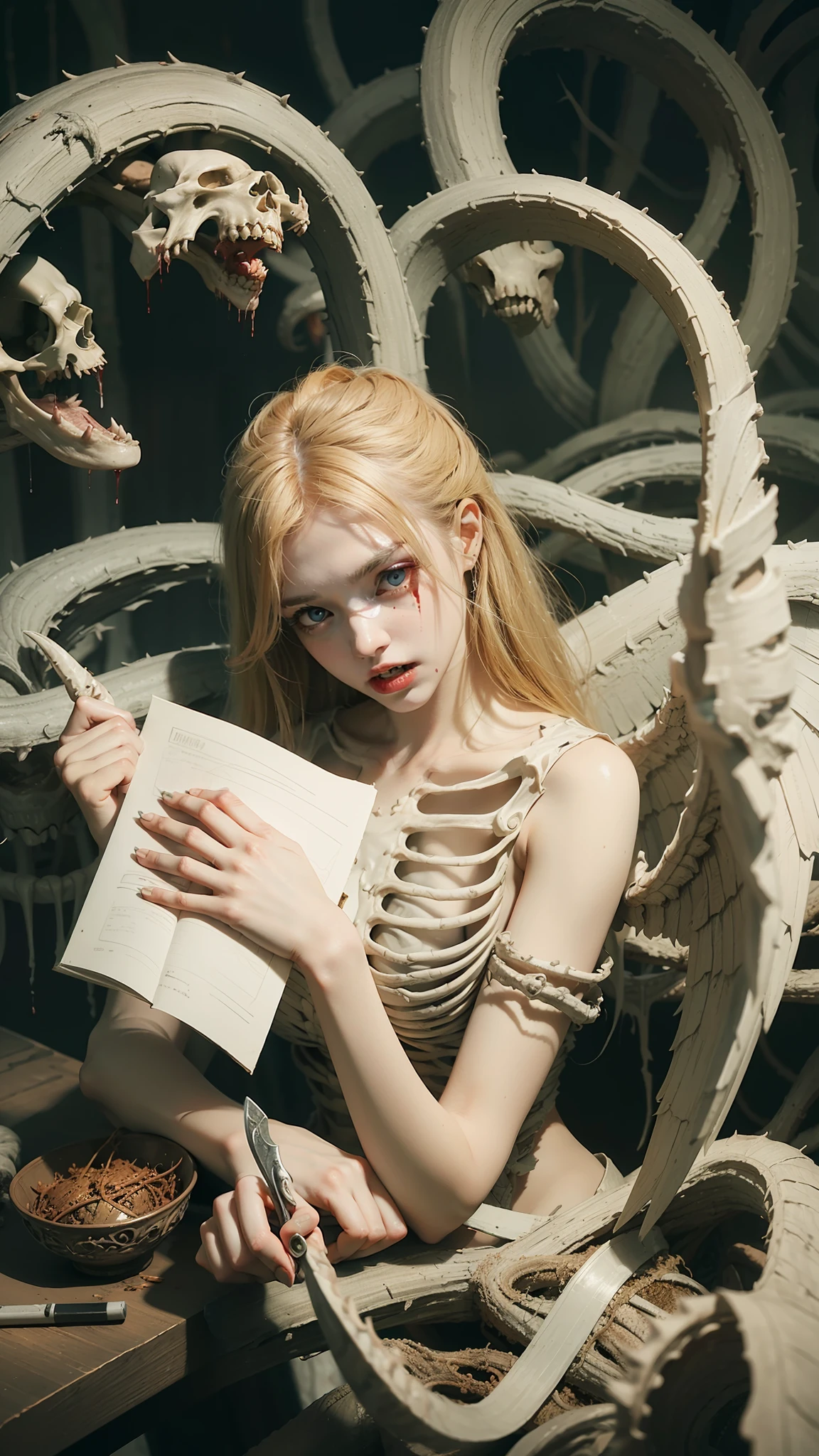 Fine matte painting, skeleton dark angel big wings haunted castle on drawing table full of knives, horror, spookiness, scary, secret horror, tentacles, vines, eyes, uncanny valley effect teeth, limbs, animals, blood moon