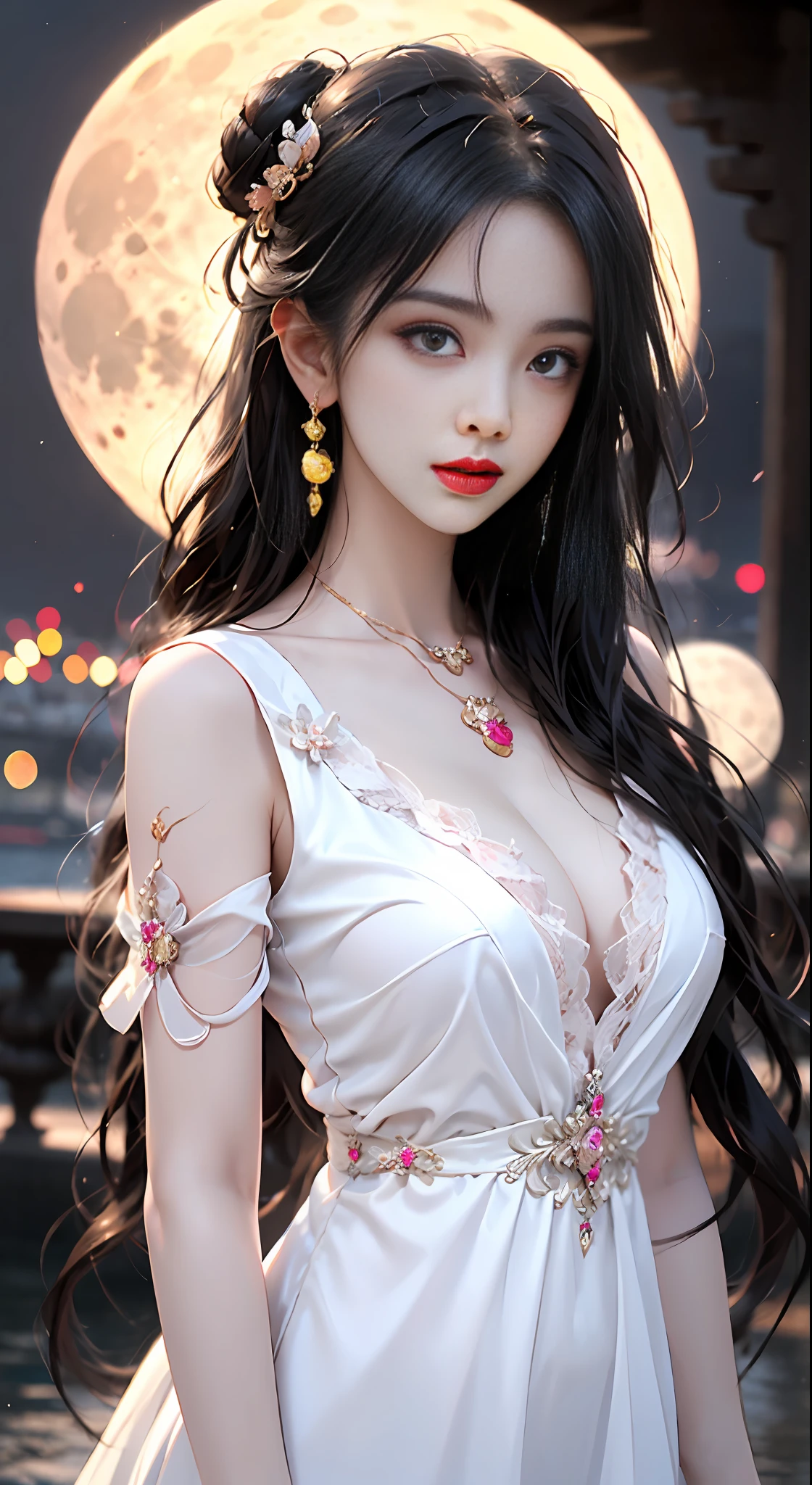 1 adult empress wearing a red lace top, deep-breasted nightgown, Chinese-style clothes, ancient costumes with many phoenix patterns, flawless pink and white face, crowned head, hip-length black hair , very beautiful and sharp brown eyes, small red lips, painted lips, closed mouth, jewelry worn around the neck, earrings, white and even teeth, high nose, big round breasts, the girl's body is covered with water on chest, long legs, thin mesh black socks, portrait, most realistic, highest quality, best pixels, 8k ultra , (clear super big moon background: 1.8)