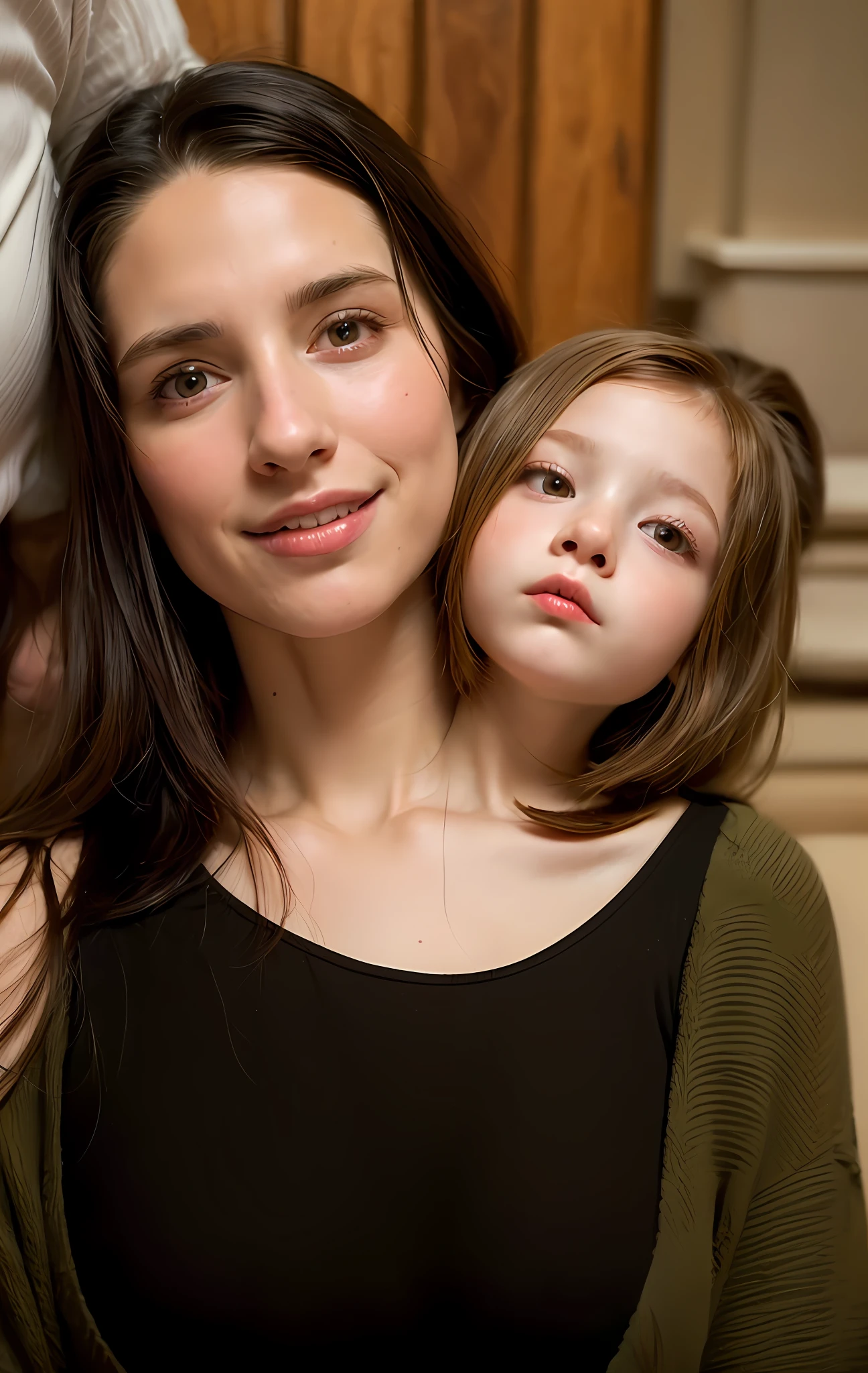 2heads, mom and daughter, (1head:1.5 child), (1head:1.5 young adult) (one torso:1.5), Irish, white girls, age difference, (two heads on one body:1.4), (first head uncomfortable:1.5), (second head unhappy:1.5) conjoined twins, heads side by side, one torso, young, realistic faces, lifelike faces, uncomfortable, barefoot