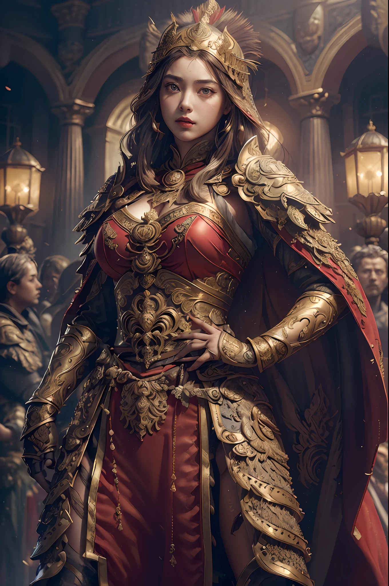 ((masterpiece))), (((best quality))), ((ultra-detailed)), (hyperrealistic), (highly detailed CG illustration), cinematic light, photorealistic ,extremely beautiful young lady, light makeup, big breast,  intricate detailed eaba, red cape, spear, dynamic pose