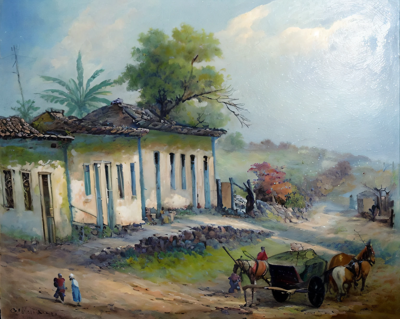 painting of a rural scene with a horse drawn carriage and a house, village, by Benito Quinquela Martín, by Carlos Francisco Chang Marín, street scene, oil on canevas, by Maximilian Cercha, cuban setting, by Hugo Sánchez Bonilla, by Carlos Enríquez Gómez, by Ramón Silva