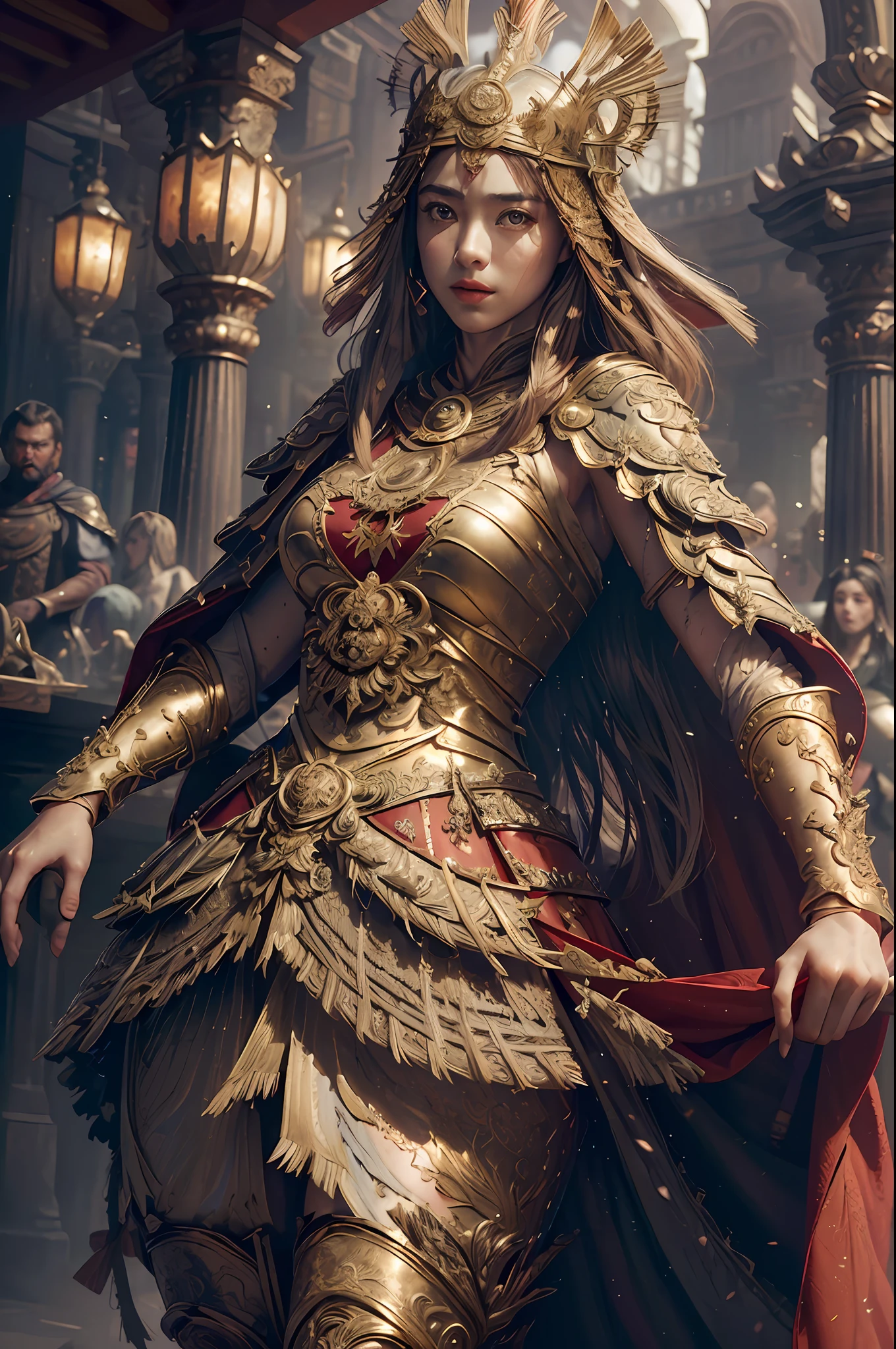 ((masterpiece))), (((best quality))), ((ultra-detailed)), (hyperrealistic), (highly detailed CG illustration), cinematic light, photorealistic ,extremely beautiful young lady, light makeup, big breast,  intricate detailed eaba, red cape, spear, dynamic pose