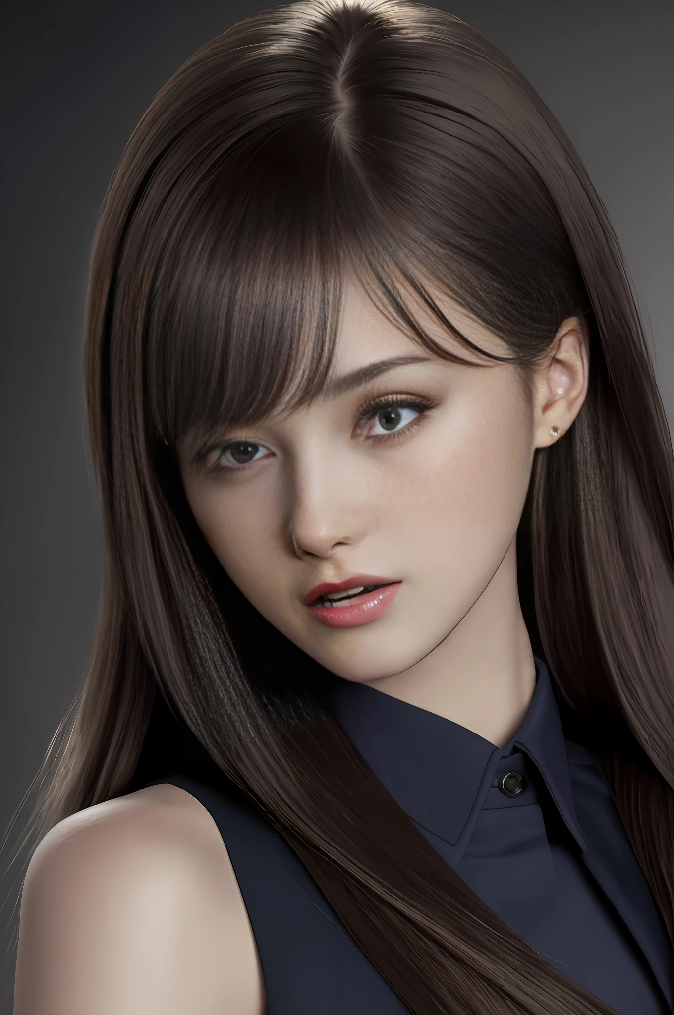 Top Quality, Masterpiece, Ultra High Resolution, Portrait, (Photorealistic: 1.0), Raw Photo, 1girl, Side Sweep Bangs, Wearing Suit, Detailed Face Texture, Small Breasts, Fluffy Chest, Open Mouth, Unbutton Clothes