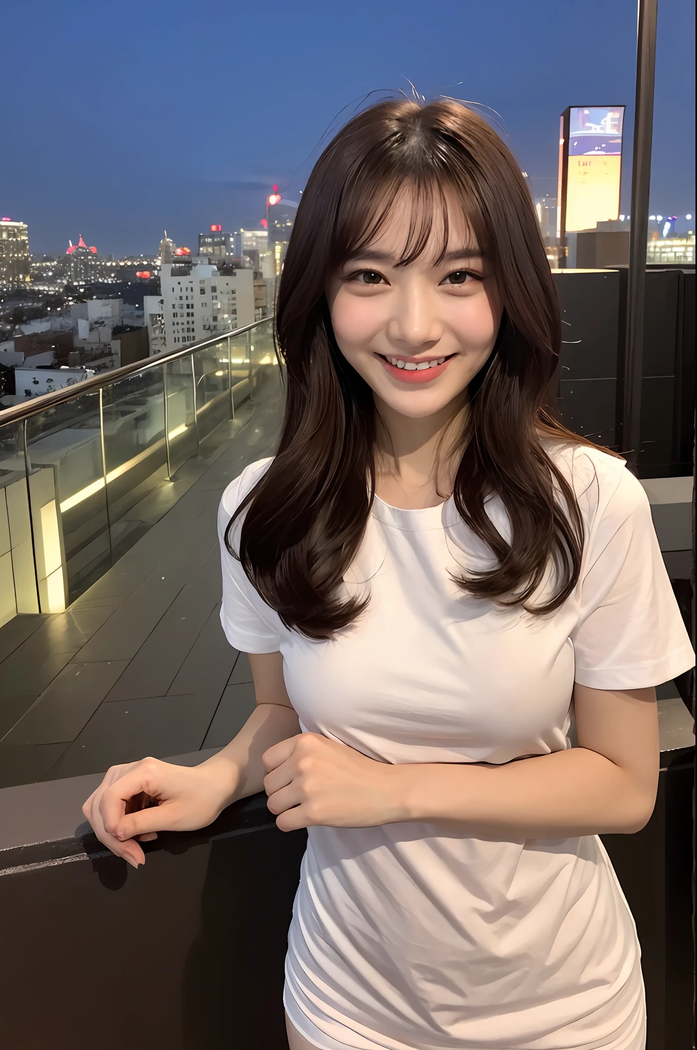 ((Midnight, Best Quality, 8k, Masterpiece: 1.3)), Full Body, Long Legs, Sharp Focus: 1.2, Pretty Women with Perfect Figure: 1.4, Slender Abs: 1.1, ((Dark Brown Hair, Big: 1.2)), (White Tight T-Shirt, Jean Bib, Standing:1.2), ((Night City View, Rooftop: 1.3)), Highly Detailed Face and Skin Texture, Detailed Eyes, Double Eyelids, smiling face