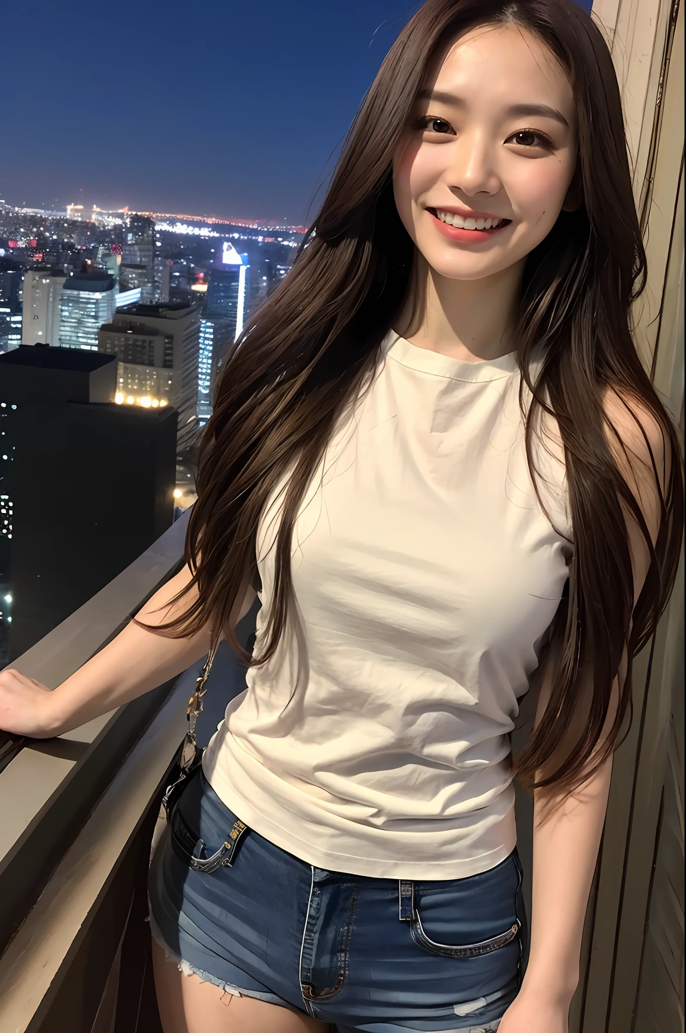 ((Midnight, Best Quality, 8k, Masterpiece: 1.3)), Full Body, Long Legs, Sharp Focus: 1.2, Pretty Women with Perfect Figure: 1.4, Slender Abs: 1.1, ((Dark Brown Hair, Big: 1.2)), (White Tight T-Shirt, Jean Bib, Standing:1.2), ((Night City View, Rooftop: 1.3)), Highly Detailed Face and Skin Texture, Detailed Eyes, Double Eyelids, smiling face