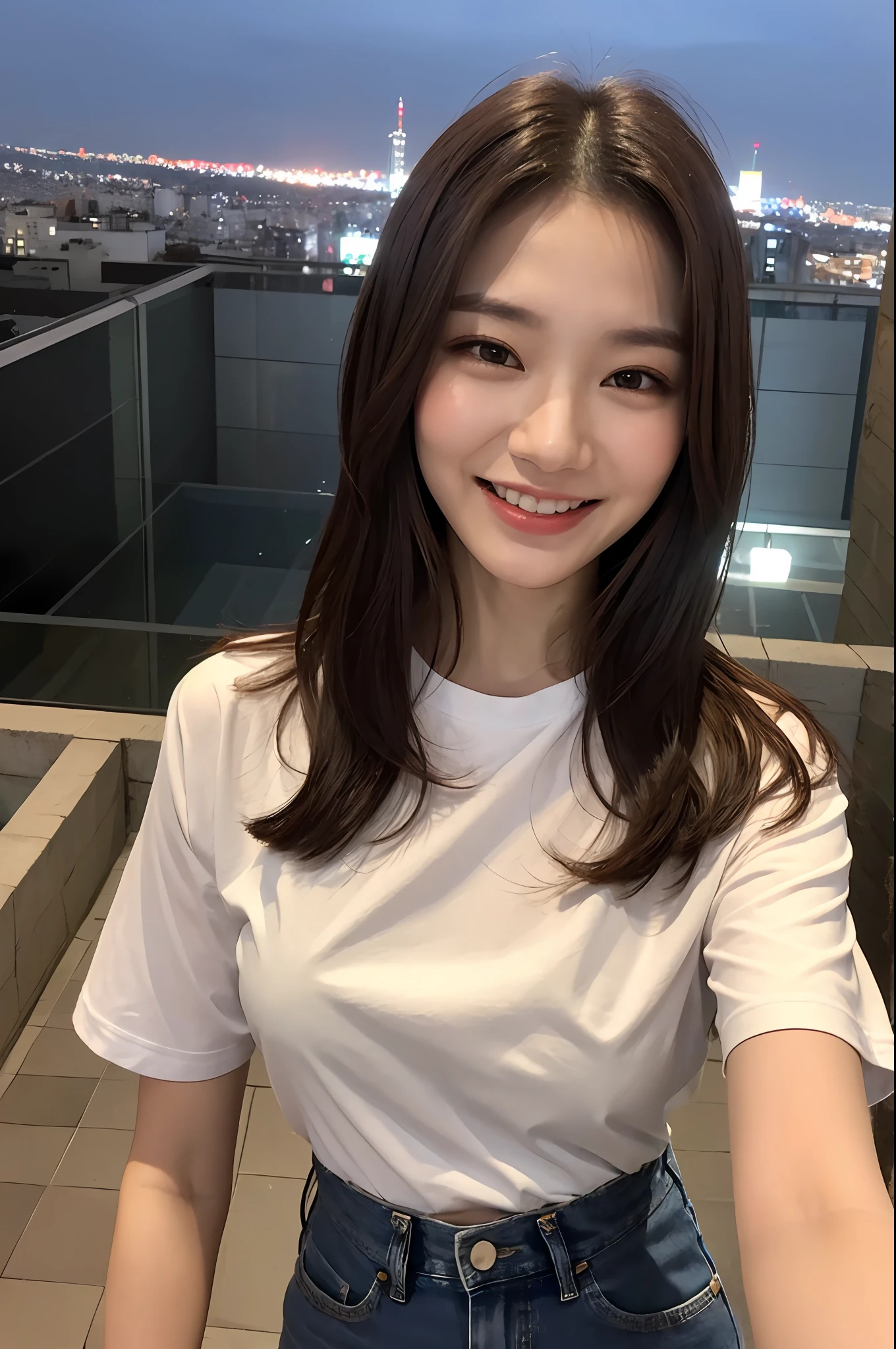 ((Midnight, Best Quality, 8k, Masterpiece: 1.3)), Full Body, Long Legs, Sharp Focus: 1.2, Pretty Women with Perfect Figure: 1.4, Slender Abs: 1.1, ((Dark Brown Hair, Big: 1.2)), (White Tight T-Shirt, Jean Bib, Standing:1.2), ((Night City View, Rooftop: 1.3)), Highly Detailed Face and Skin Texture, Detailed Eyes, Double Eyelids, smiling face