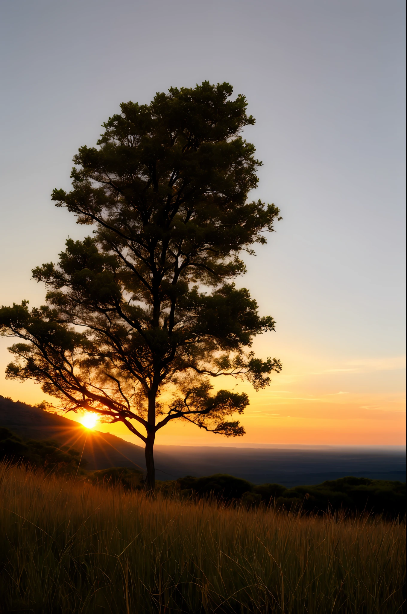 Sunset on the mountain, just below, a plain of tall grass and quite animals.