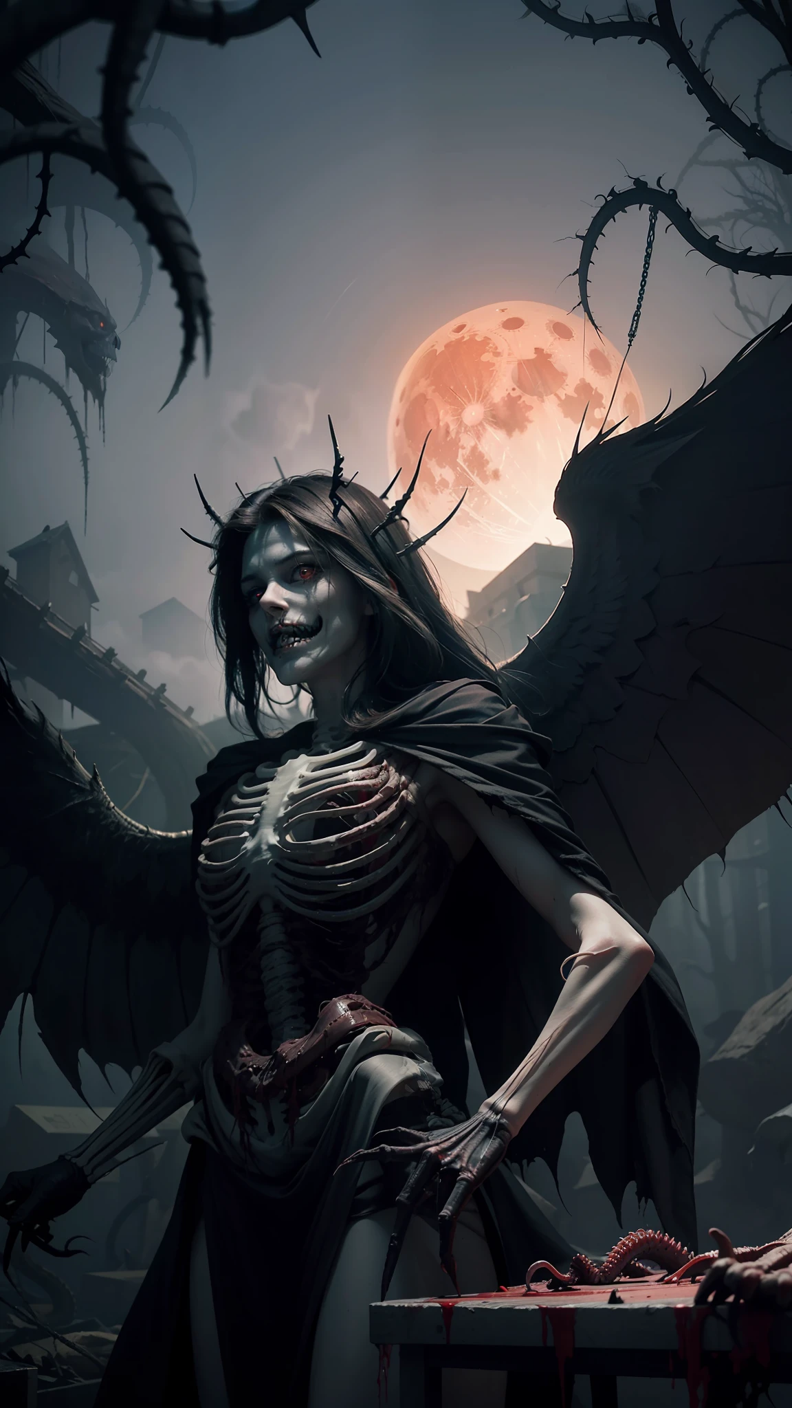 Fine matte painting, skeleton dark angel big wings haunted castle on drawing table full of knives, horror, spookiness, scary, secret horror, tentacles, vines, eyes, uncanny valley effect teeth, limbs, animals, blood moon