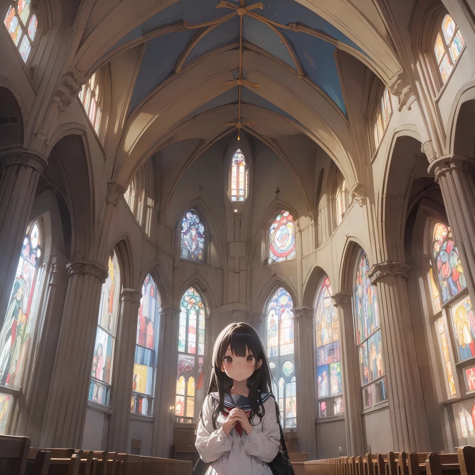 Tanuki Eared Girl Inside the Church Colorful Stained Glass Kneeling Prayer Pose School Uniform