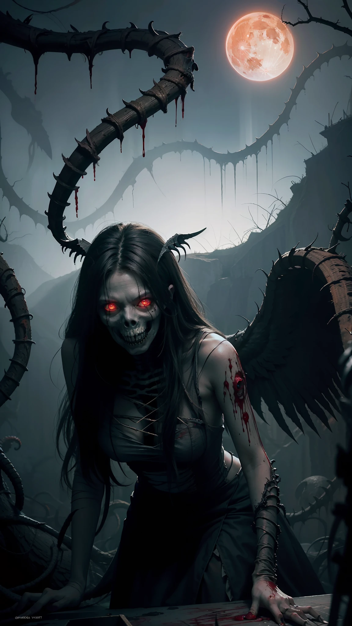 Fine matte painting, skeleton dark angel big wings haunted castle on drawing table full of knives, horror, spookiness, scary, secret horror, tentacles, vines, eyes, uncanny valley effect teeth, limbs, animals, blood moon