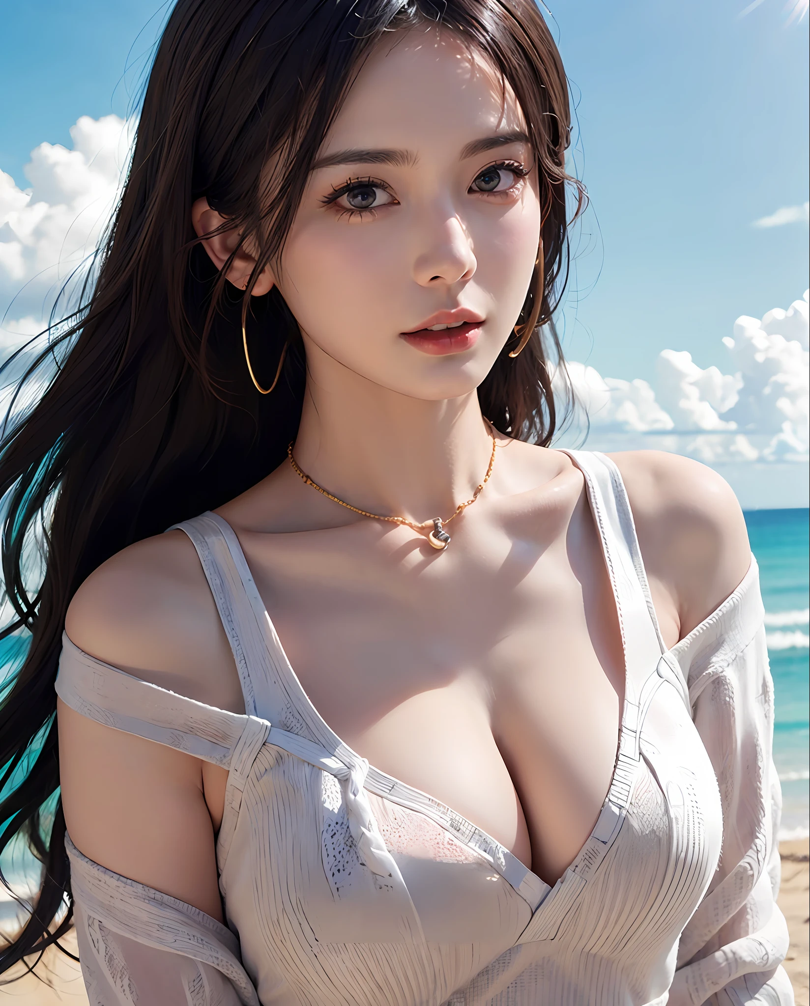 (masterpiece:1.3), (8k, photorealistic, RAW photo, best quality: 1.4), (1girl), beautiful face, (realistic face), (black hair, long hair:1.3), beautiful hairstyle, realistic eyes, thin waist, long wavy curls, beautiful detailed eyes, (realistic skin), Beautiful skin, ( light pink sweater), ridiculous, attractive, super high resolution, super realistic, very detailed, golden ratio, slightly open mouth, straight collar, pure desire, collarbone, blue sky and white clouds, sea, wide shoulders, above the waist