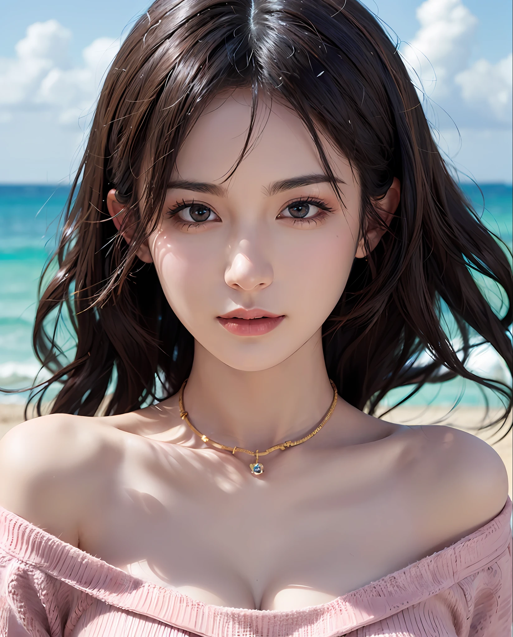 (masterpiece:1.3), (8k, photorealistic, RAW photo, best quality: 1.4), (1girl), beautiful face, (realistic face), (black hair, long hair:1.3), beautiful hairstyle, realistic eyes, thin waist, long wavy curls, beautiful detailed eyes, (realistic skin), Beautiful skin, ( light pink sweater), ridiculous, attractive, super high resolution, super realistic, very detailed, golden ratio, slightly open mouth, straight collar, pure desire, collarbone, blue sky and white clouds, sea, wide shoulders, above the waist