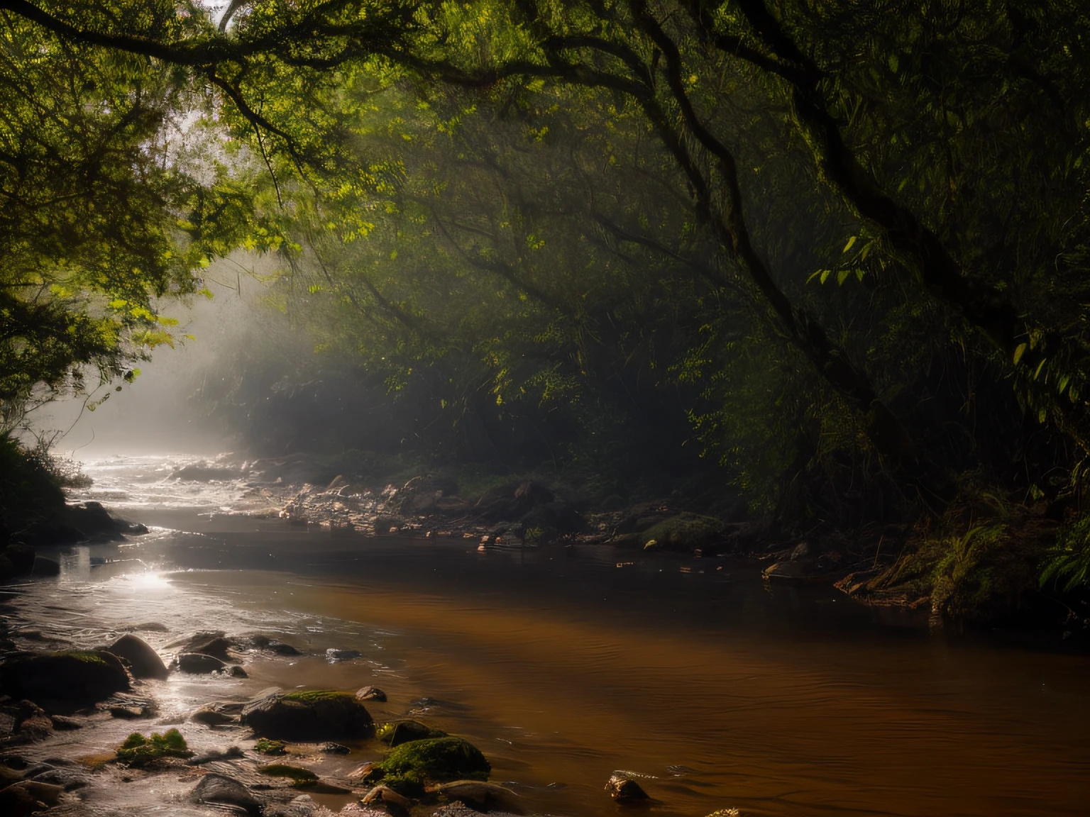 Masterpiece, abstract color, texture, film grain, jungle, plenty of sunlight through trees, light fog, fantastic, complex DSLR RAW, clear stream, transparent river, beautiful river, crystal clear river, landscape wide angle ultra-detailed matte painting, analog style, (sharp focus: 1.3), (spring water source: 1.3),