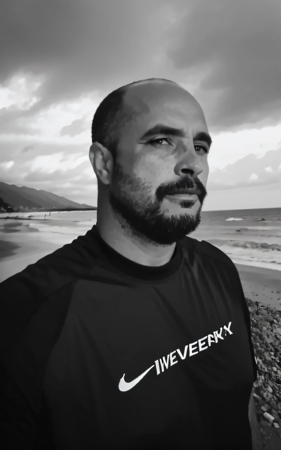 eduardooliveira, black and white photo of 42-year-old man in black clothes, bald, face, half body, body, highly detailed skin, skin pores, coastline, cloudy weather, wind, waves, 8k uhd, Dslr, soft lighting, high quality, film grain, Fujifilm XT3
