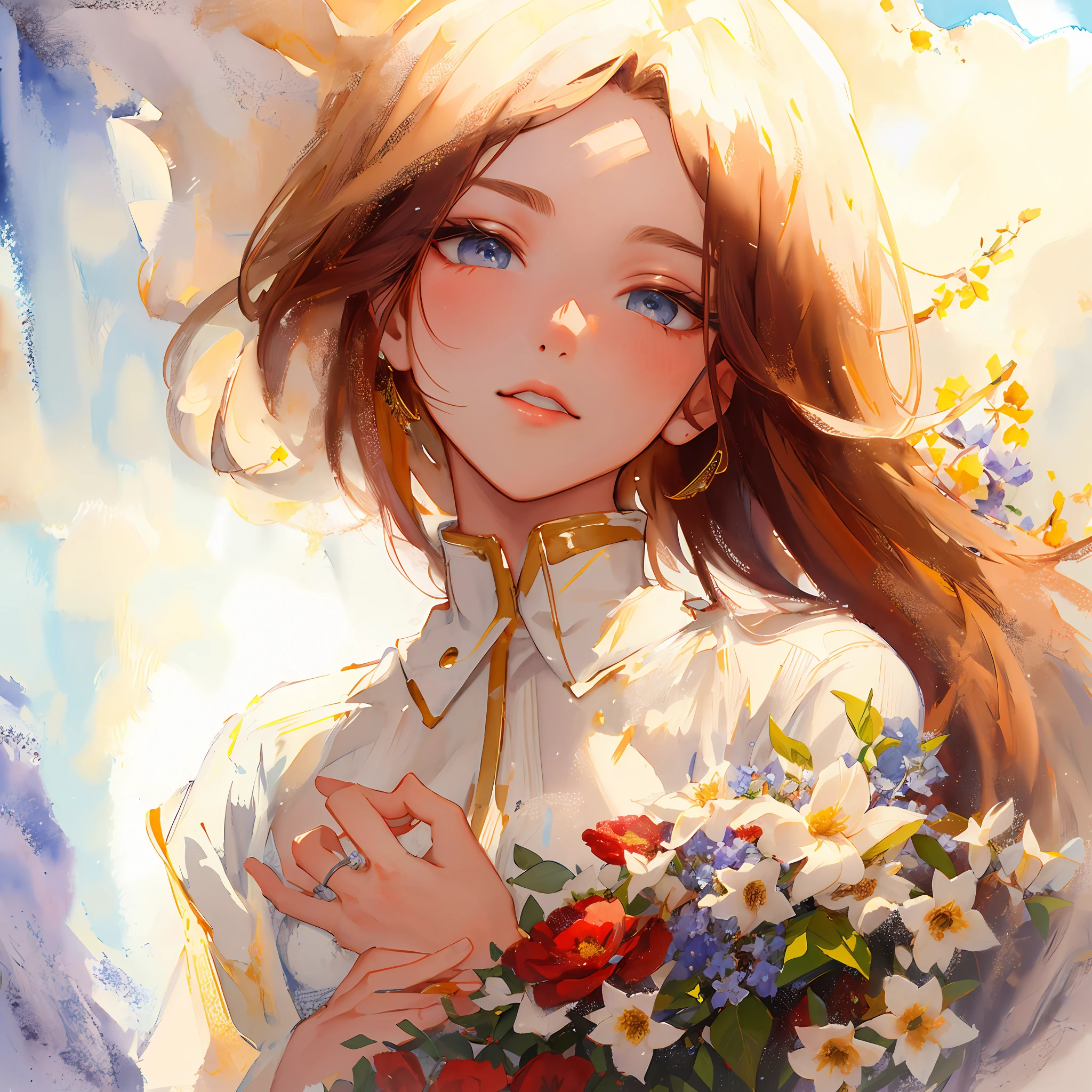 Fine brush, beautiful. Detailed drawings. High image quality,ultra detailed, detailed watercolor and pencil and black ink, soft and fantastic, pastel, William Turner,An armful of flowers for you.A woman bathed in radiant light