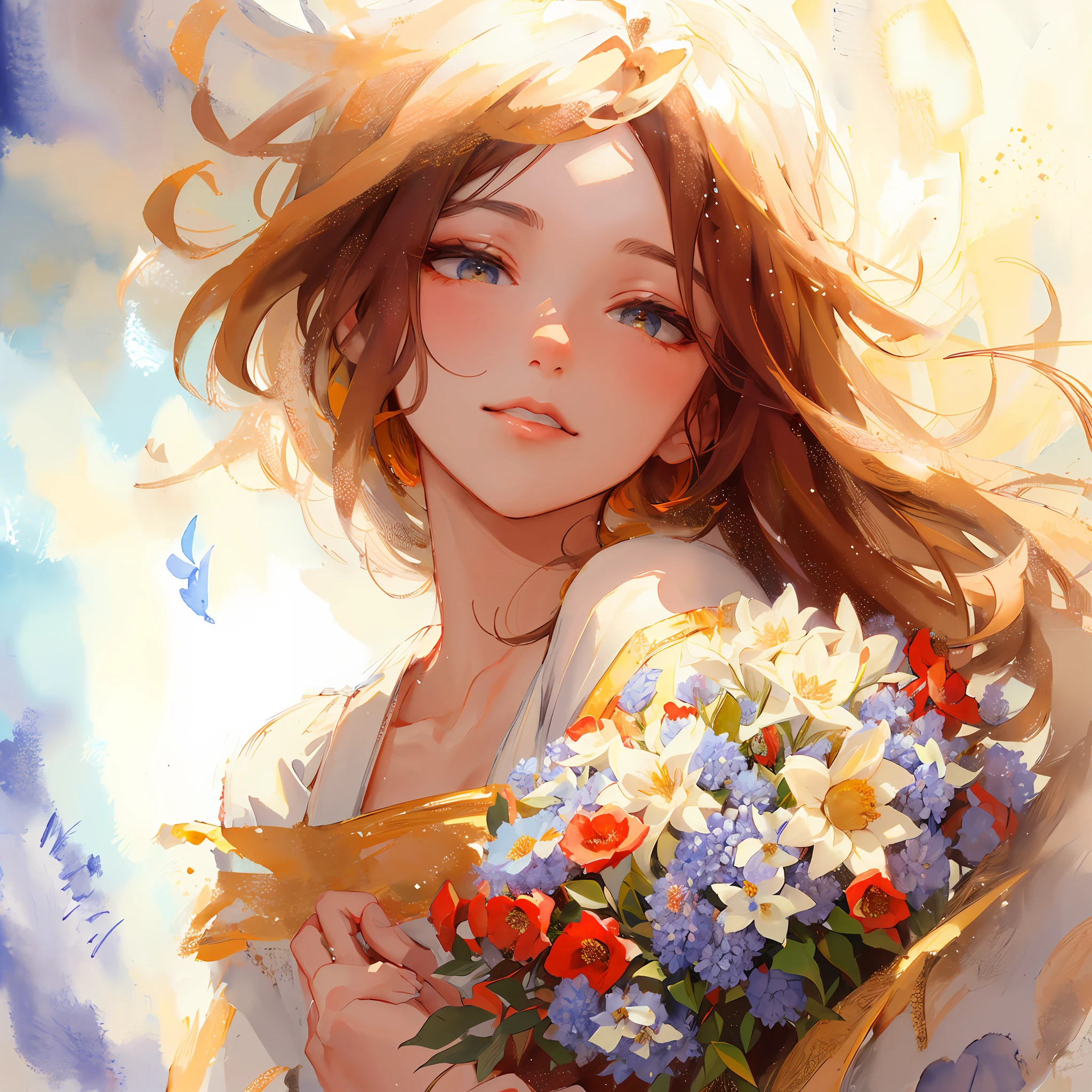 Fine brush, beautiful. Detailed drawings. High image quality,ultra detailed, detailed watercolor and pencil and black ink, soft and fantastic, pastel, William Turner,An armful of flowers for you.A woman bathed in radiant light