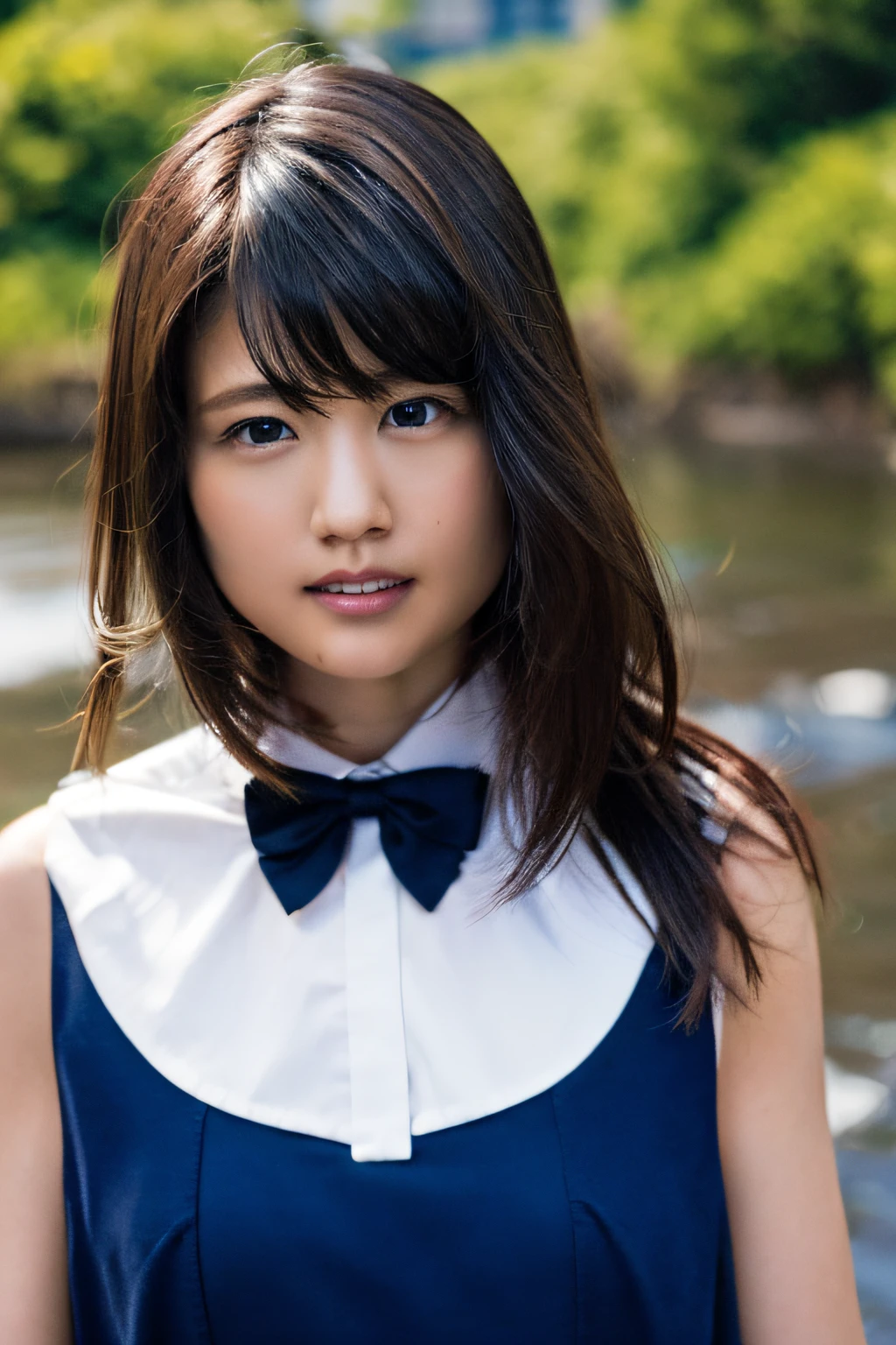 (8k, RAW photo, top quality, masterpiece: 1.2), (realistic, photorealistic: 1.37), super detailed, ultra high resolution, one girl, full body, long hair, bangs, small, viewer show, super cute, beautiful detailed face, classy face, uniform, white blouse, blue bow tie, dark blue pleated skirt, smile, constriction, (slim waist): 1.3), beautiful detailed skin, skin texture, Floating hair, professional lighting, by the river