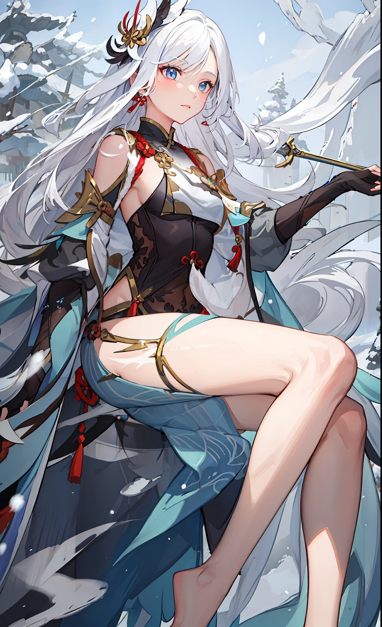 Close-up of a white-haired god woman holding a sword in a snow-covered field, fine details from the Girl Front and the Night of the Ark, detailed art of Onmyoji.