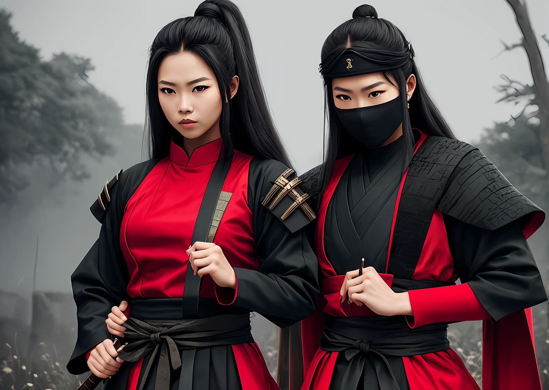 Realistic image of a ninja woman with a samurai in her hands dressed in black with red details