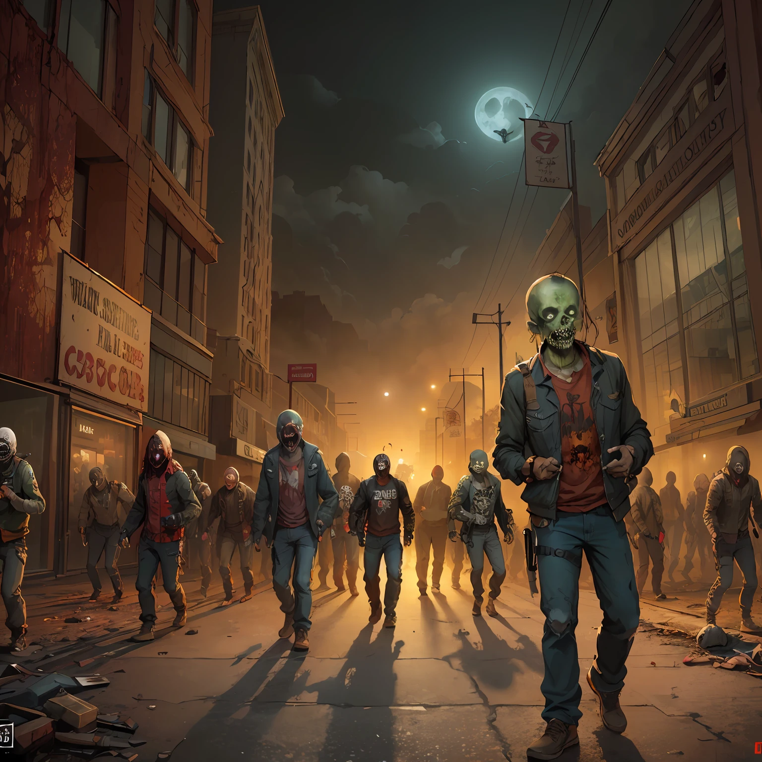 zombies walking down a street in a city at night, zombies in the streets, zombie horde, desolate with zombies, horde of zombies, zombie in horror concept art, stylized urban fantasy artwork, zombies attack, zombie everywhere, zombies, undead soldiers in background, background artwork, undead. highly detailed, dan mumford. concept art, in the style dan mumford artwork