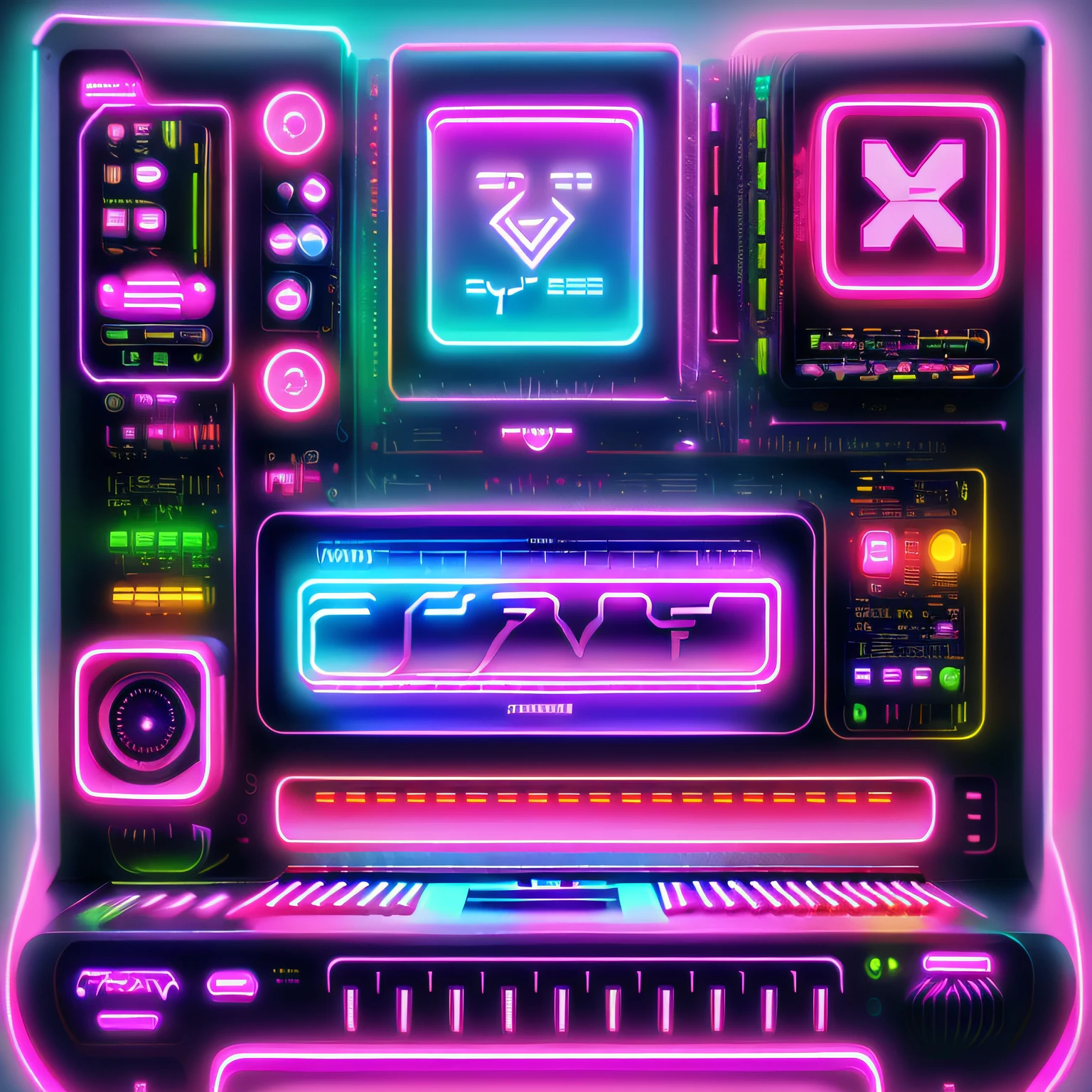 a close up of a computer monitor with a keyboard and a monitor, synthewave, futuresynth, synth, style hybrid mix of beeple, synthwave colors!!, synthesizers, synthwave inspired, synth feel, syntwave, synth vibe, synthwave colours, synth wave, synthwave, synth-wave, synth - wave, synthwave colors