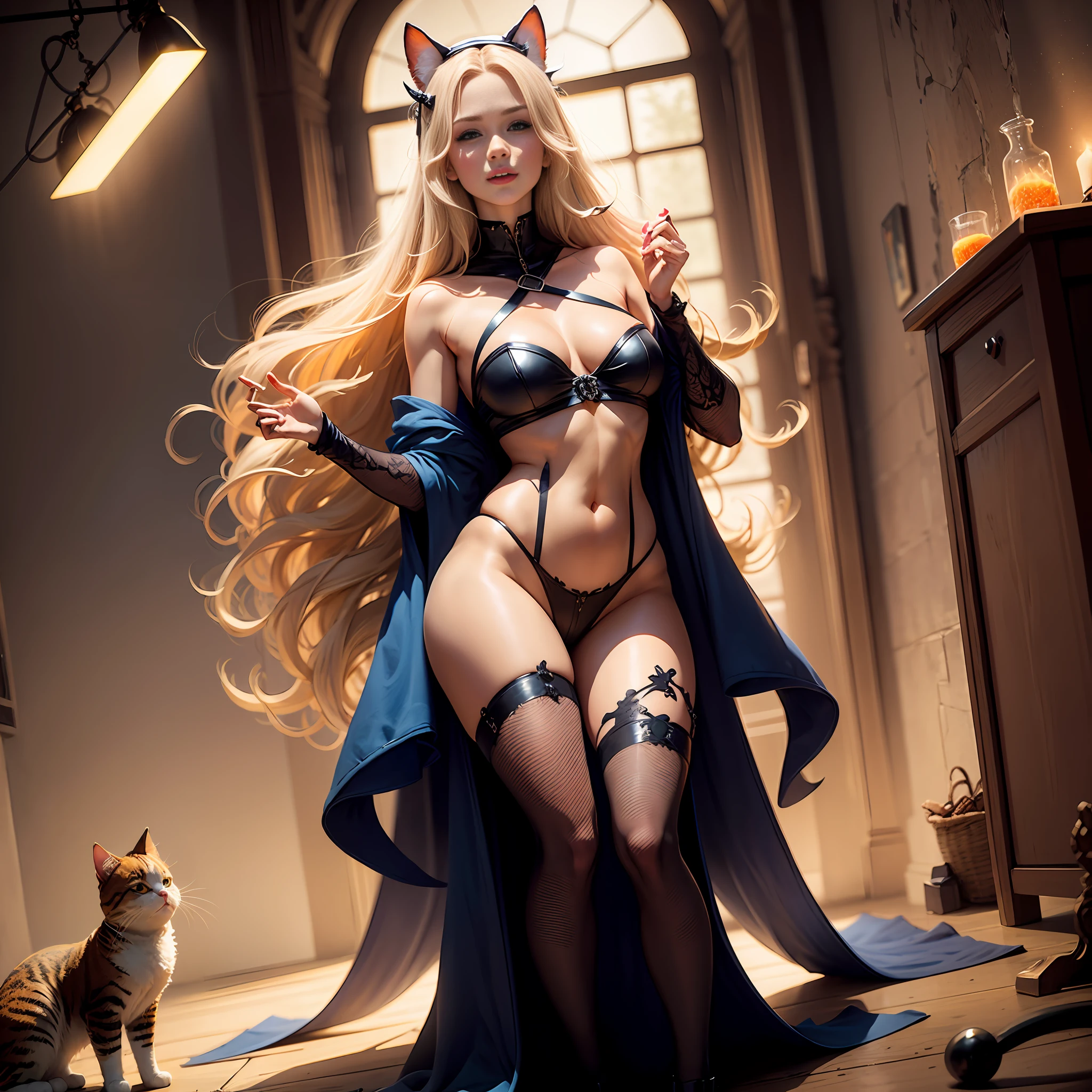 young woman, animal ears, nordic face, blue eyes, fair skin, cute, full body, blonde, magic summoning, cat personification