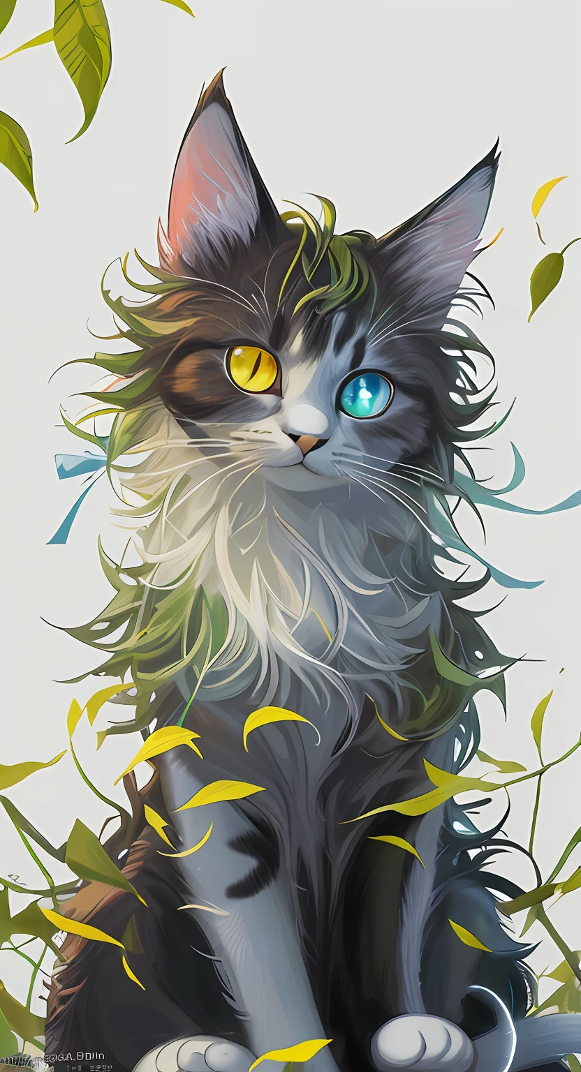 There is a cat sitting in leaves, anime cat, warrior cat fan art, realistic anime cat, cute detailed digital art, anime art wallpaper 4K, anime art wallpaper 4K, beautiful digital artwork, cute digital painting, 4K detailed digital art, 4K highly detailed digital art, very, very beautiful furry art, cute cat anime vision, picture color richer, cat eyes full color.