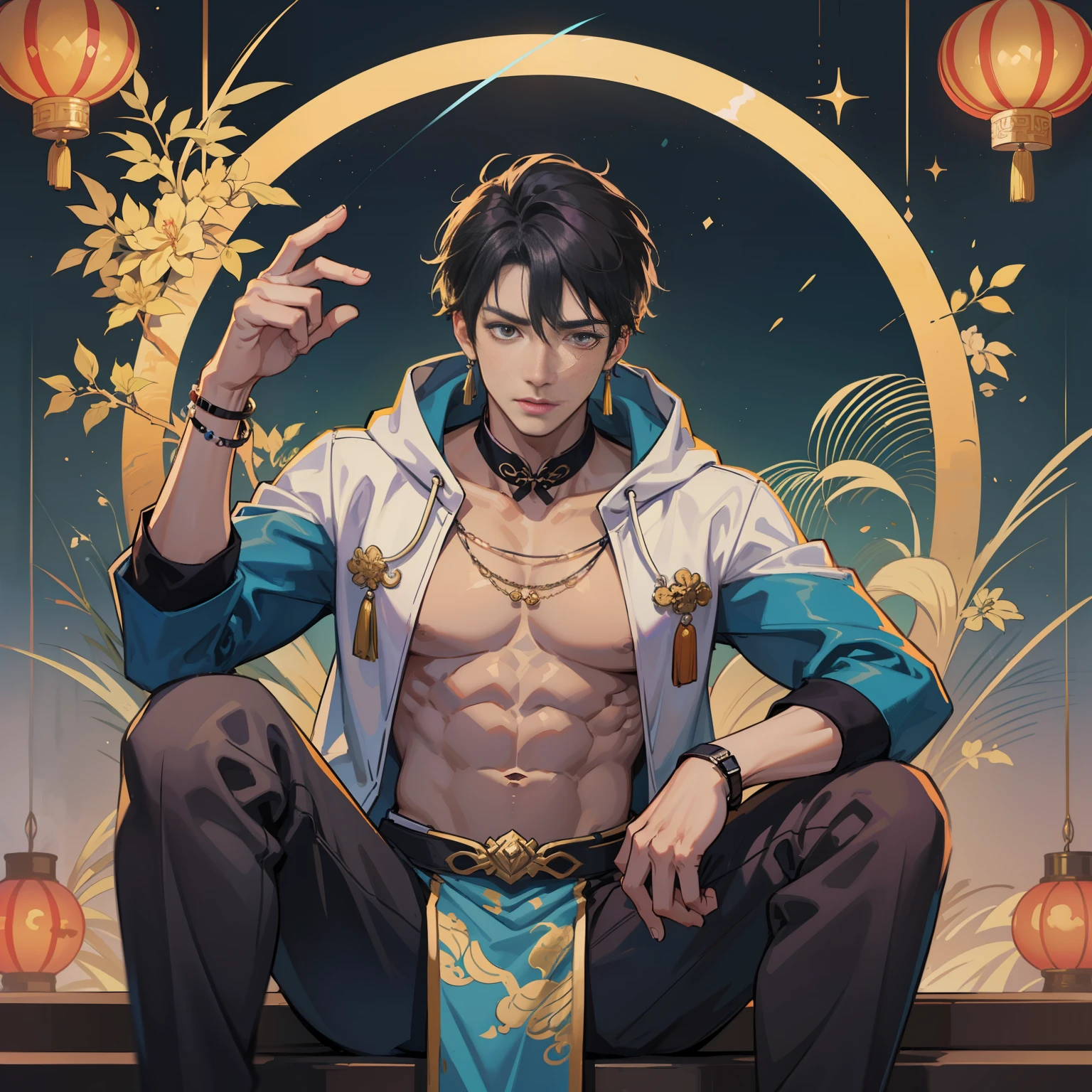muscular boy, masculine face, wild, masculine, valiant, handsome, rugged, hoodie, modern chinese traditional costume, fusion of ancient Chinese and modern, king of rappers, pectoral muscles, abs, cool atmosphere, sitting, solid posture, fashionista, stylish, colorful, individual, luxurious, Cantonese, singing, dancing, sky with stars shining like dreams, Book of Quiet Night, Starry Sky Blooming Brightly, Whispering Dream and Confusion Border, Cantonese Pride, Light Blue-Purple Clothes, Light Blue-Violet