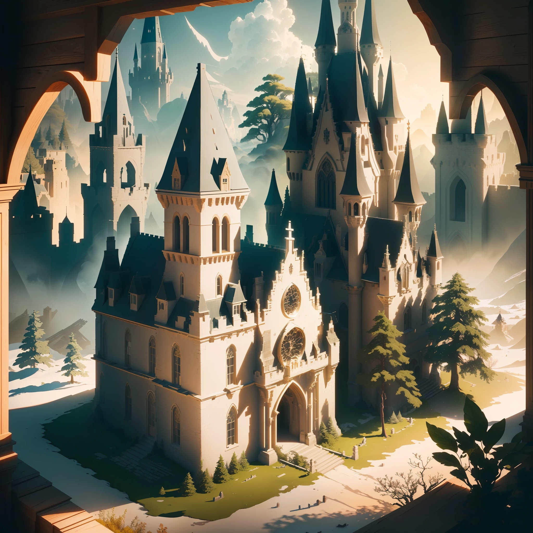 masterpiece, best quality, (extremely detailed CG unity 8k wallpaper), (best quality), (best illustration), (best shadow), Primitive times, barbaric times, Castle buildings composed of trees and plants,, horns, weapons, wood, animal bones, isometric 3D, octane render,ray tracing,ultra detailed