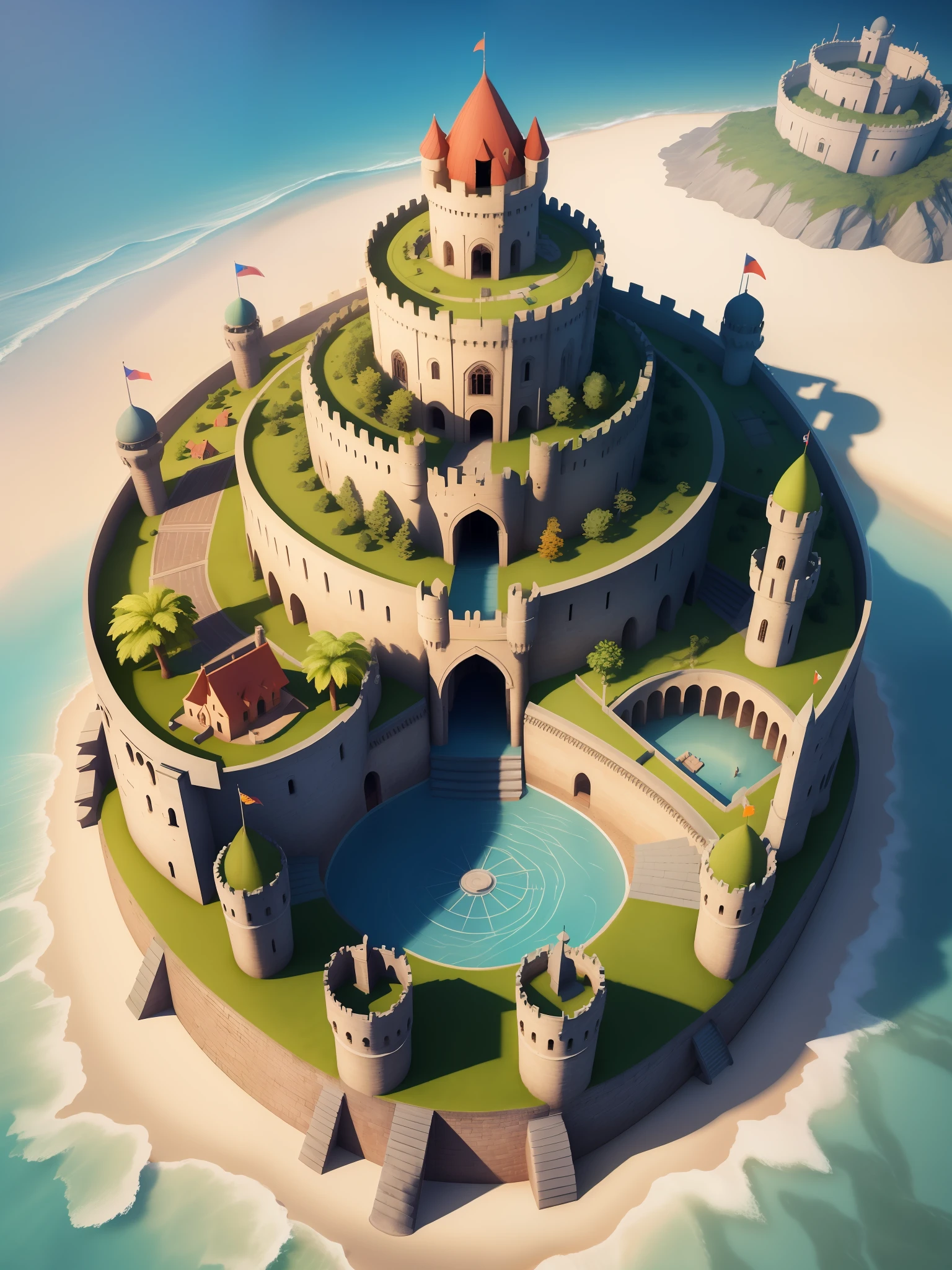 cartoon style, top-down view, scene illustration, nature, ancient magical architecture, castle, main fort, fortress, polygon, game architecture design, summer, ocean waves, swimming ring, shell, flower, tropical fruit, creative, 3d, masterpiece, best quality, cartoon rendering, 8K