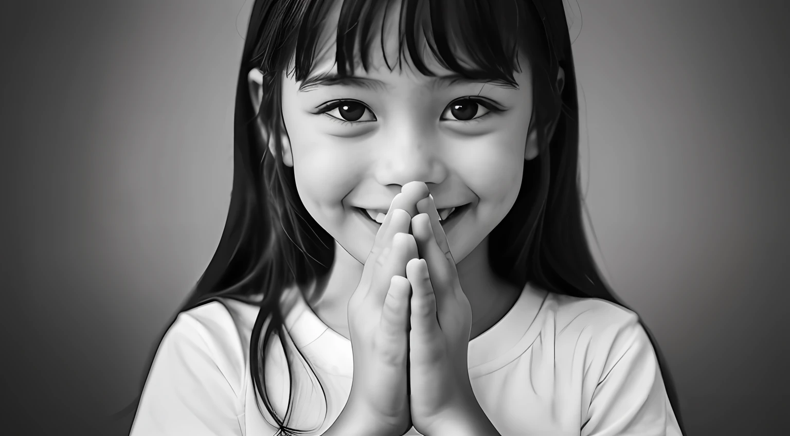 child girl, black and white photo of a girl making prayer hands with smile, thank you, great detailing of hand, more texture on fingure, nail, cheek