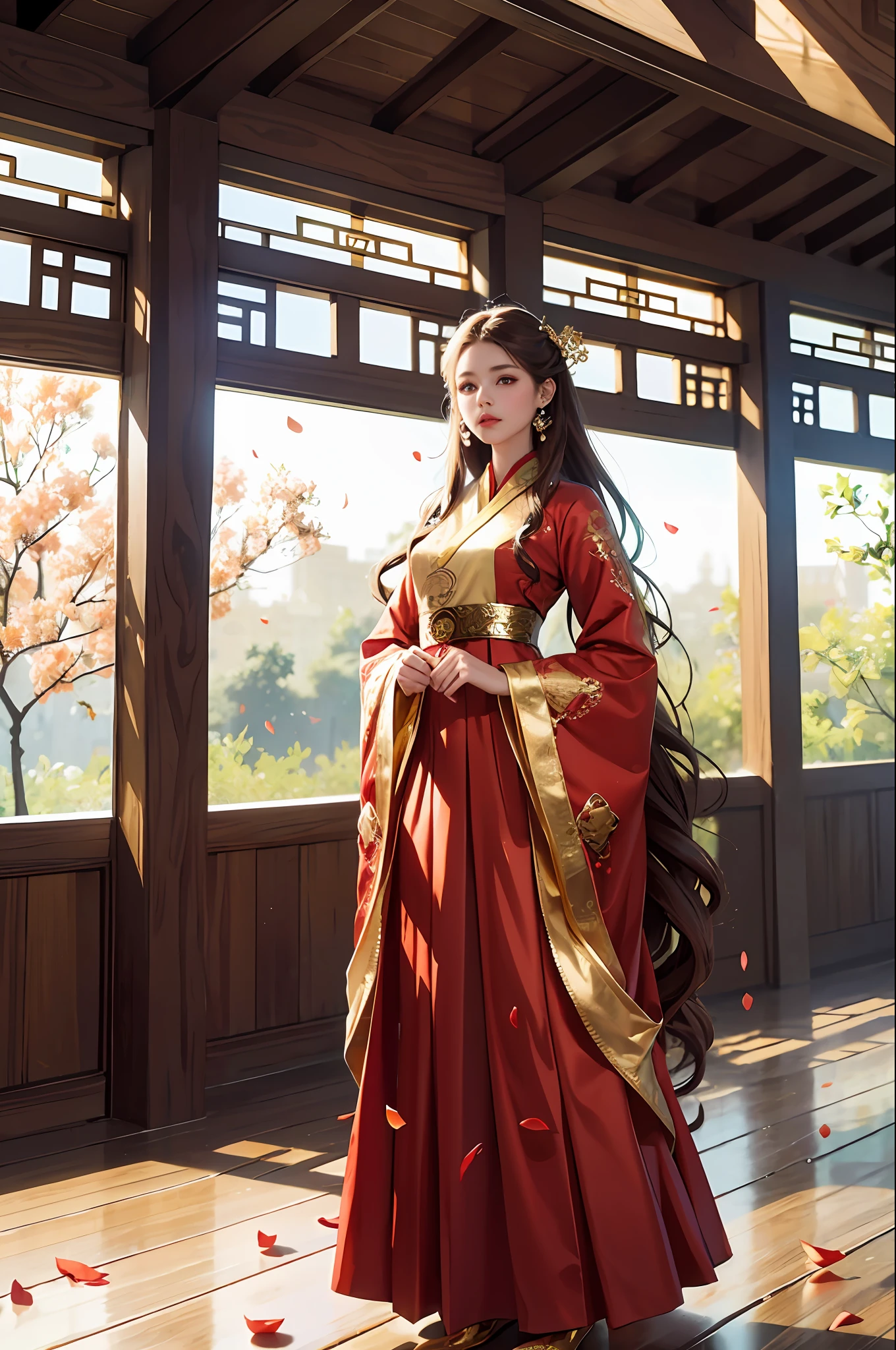 best quality, masterpiece, highres, (exquisite body:1.5),gorgeous face,(milky skin:1.3),intricate details,high resolution,wallpaper,
1girl, solo, dress, hair ornament, (((gold and red dress))), flowers, long hair, brown hair, closed mouth, jewelry, long sleeves, hand up, wide sleeves, big eyes,floating hair, chinese clothes, hanfu, embroidery, long skirt, natural pose, falling petals, indoor,fanning, lantern,
16K,HDR,highres,depth field,(film grain:1.1),boken,golden hour,(lens flare),vignette,rainbowing,(color grading:1.5)