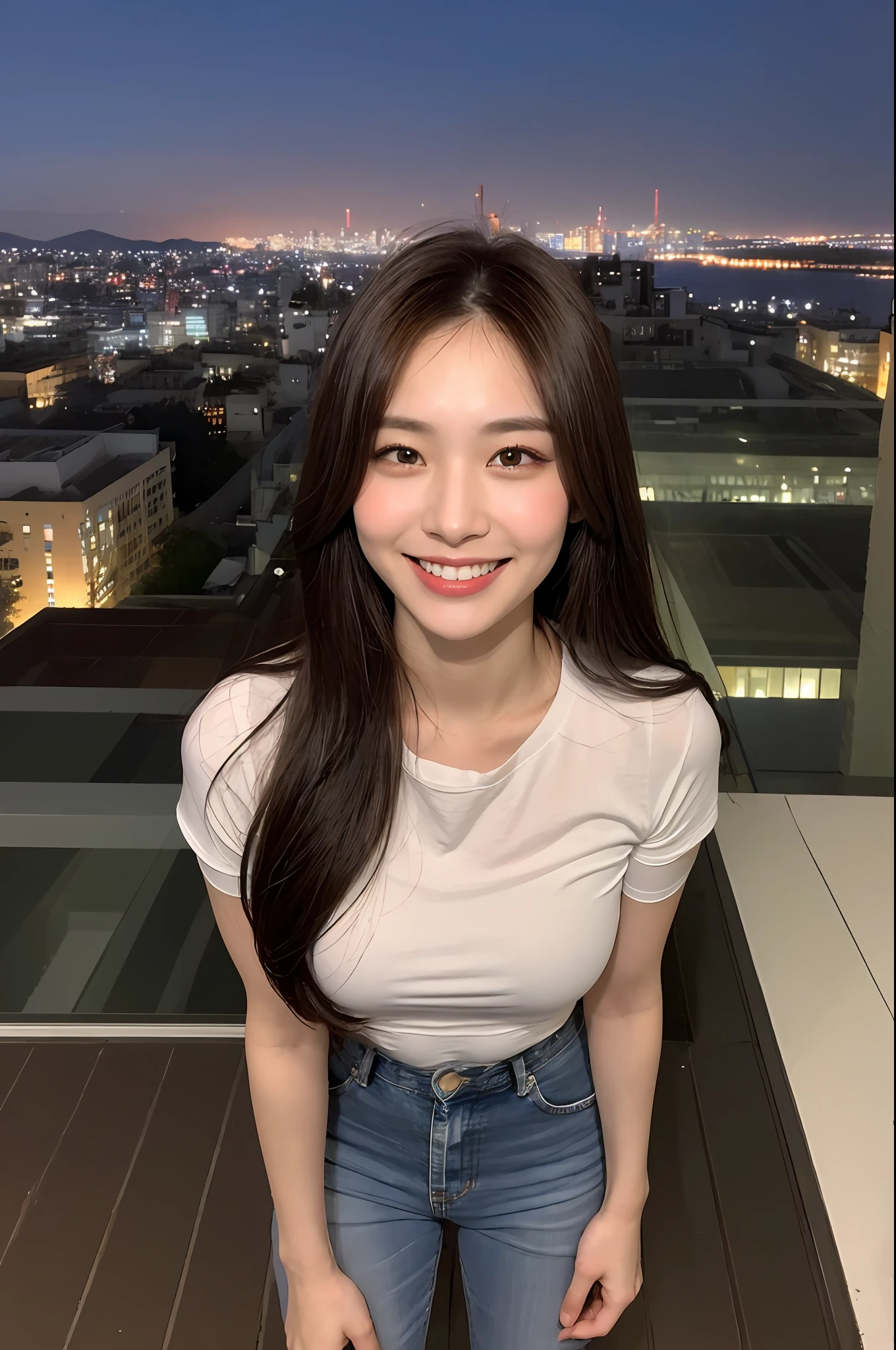 ((Midnight, Best Quality, 8k, Masterpiece: 1.3)), Full Body, Long Legs, Sharp Focus: 1.2, Pretty Women with Perfect Figure: 1.4, Slender Abs: 1.1, ((Dark Brown Hair, Big: 1.2)), (White Tight T-Shirt, Jean Bib, Standing:1.2), ((Night City View, Rooftop: 1.3)), Highly Detailed Face and Skin Texture, Detailed Eyes, Double Eyelids, smiling face