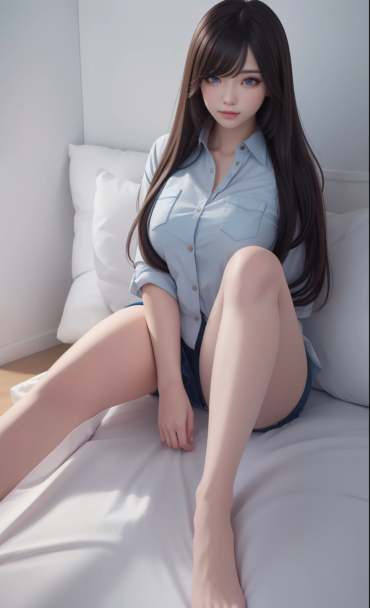 1girl, solo, realistic caramel long hair, hair bobbles, longeyelashes, realistic blue eyes, Surrealism, drop shadow, tachi-e, pov, 8k, super detail, best quality, UHD, masterpiece, anatomically correct, award winning, highres, 1080P, HD, 4K, 8k, realistic, ultra-realistic, full body, realistic big breasts, all buttons shirt opened, no bra, spread legs,