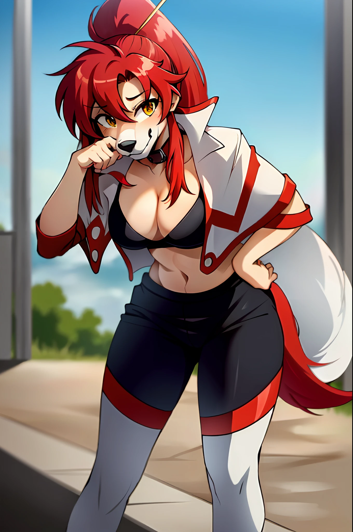 ((masterpiece, best quality)), (anthro furry:1.3, muzzle:1.2, anthro:1.3, furry:1.2, closeup:1.2, female solo:1.2, neckline, leaning forward, smile, red), no blouse, sweatpants,bright colors, body comes desehado and made
