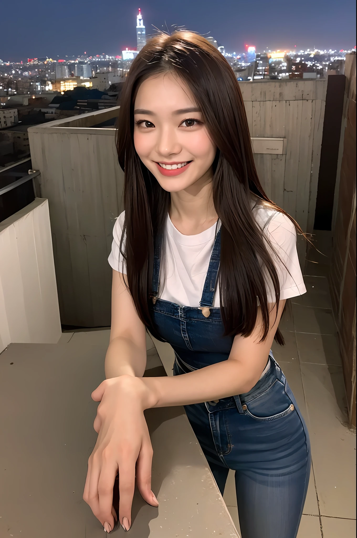 ((Midnight, Best Quality, 8k, Masterpiece: 1.3)), Full Body, Long Legs, Sharp Focus: 1.2, Pretty Women with Perfect Figure: 1.4, Slender Abs: 1.1, ((Dark Brown Hair, Big: 1.2)), (White Tight T-Shirt, Jean Bib, Standing:1.2), ((Night City View, Rooftop: 1.3)), Highly Detailed Face and Skin Texture, Detailed Eyes, Double Eyelids, smiling face