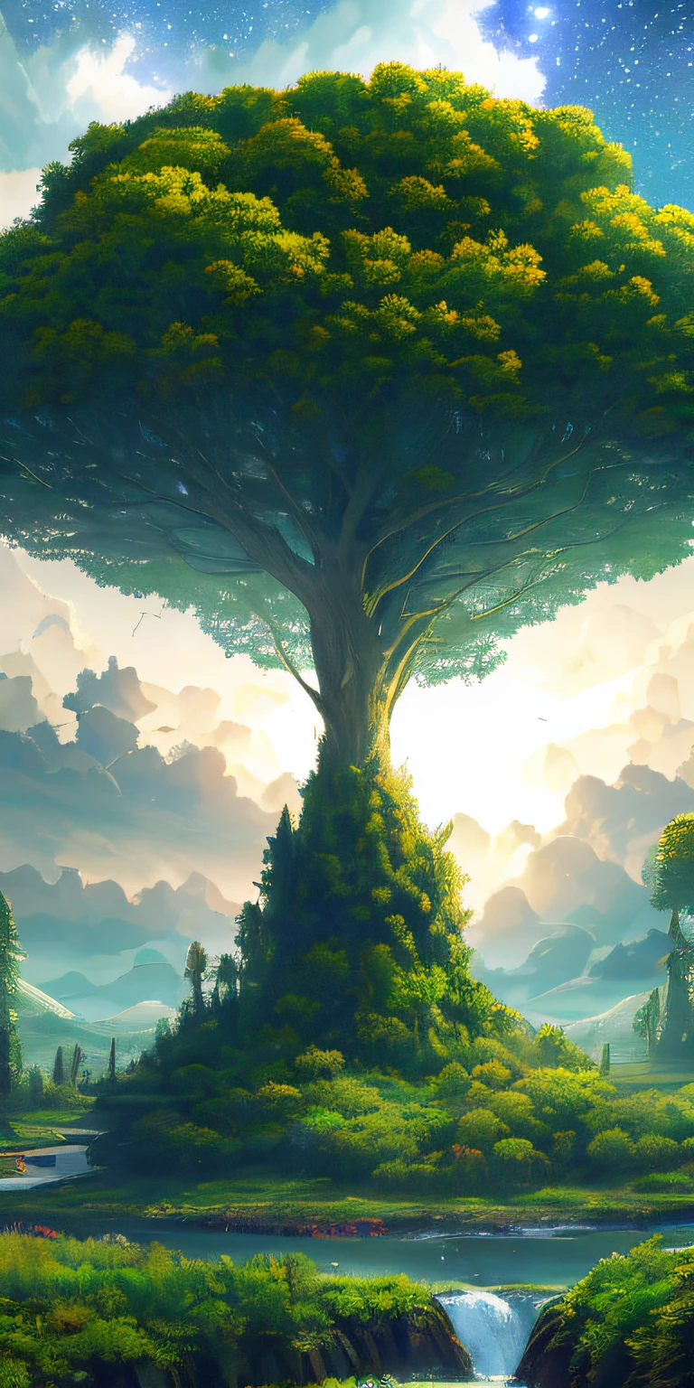 Illustration of a surreal, otherworldly, hyper sky scene including a giant crystal tree full body, highly detailed and magical lighting, intricate forest details, vegetation and surrounding river, solar punk, landscape, giant tree , beautiful green leaves, beautiful lighting and realistic proportions, as if this is a movie background, 8k, highest quality, masterpiece, clouds and stars in the sky.