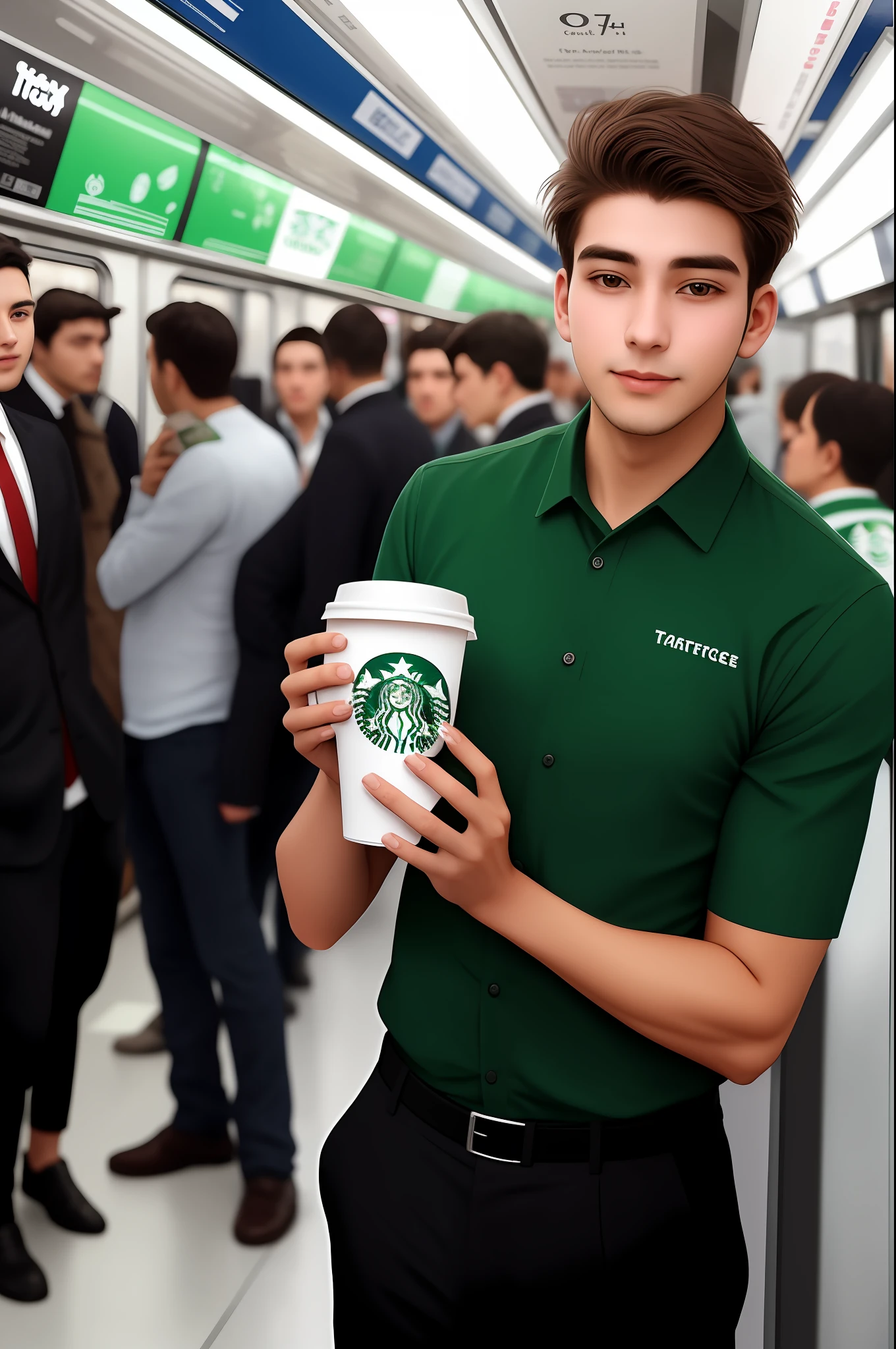 photo of a 25 year old man standing in a crowded metro train holding a cake of starbucks brand