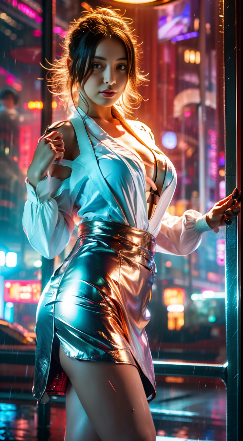 A beautiful beauty, sexy, slightly fat, big breasts, long legs, upturned buttocks, white and rosy skin, high heels, short bag skirt, standing by the window, background is night city, outside the window, rain, flowing water, alien flying saucer, shooting light, HD, high quality, high resolution, dark light