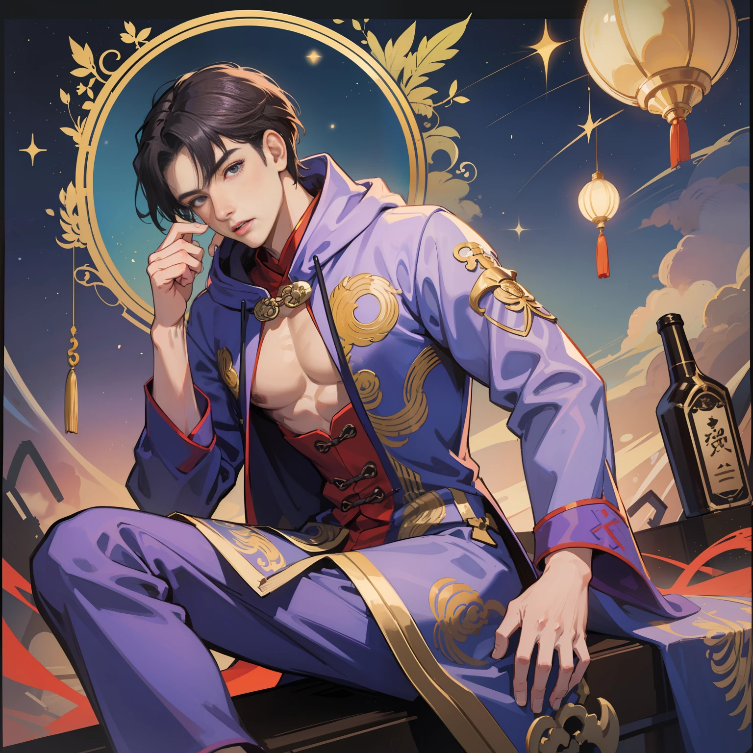 muscular boy, masculine face, wild, masculine, valiant, handsome, rugged, hoodie, modern chinese traditional costume, fusion of ancient Chinese and modern, king of rappers, pectoral muscles, abs, cool atmosphere, sitting, solid posture, fashionista, stylish, colorful, individual, luxurious, Cantonese, singing, dancing, sky with stars shining like dreams, Book of Quiet Night, Starry Sky Blooming Brightly, Whispering Dream and Confusion Border, Cantonese Pride, Light Blue-Violet Clothes, Light Blue-Violet, Purple